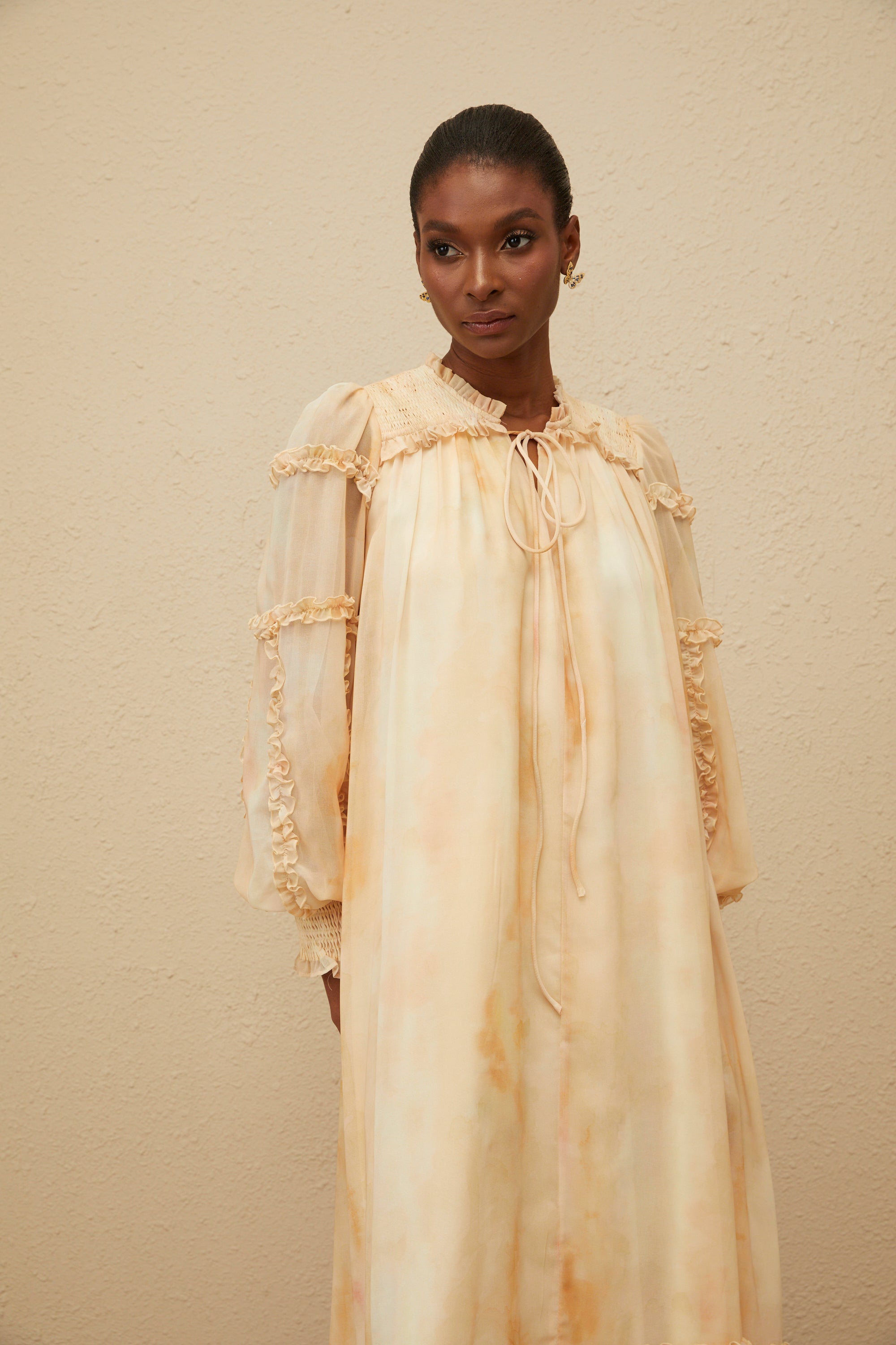 Lecollet Beige Ruffled Tie-Dye Midi Dress (Final Sale-US Only)