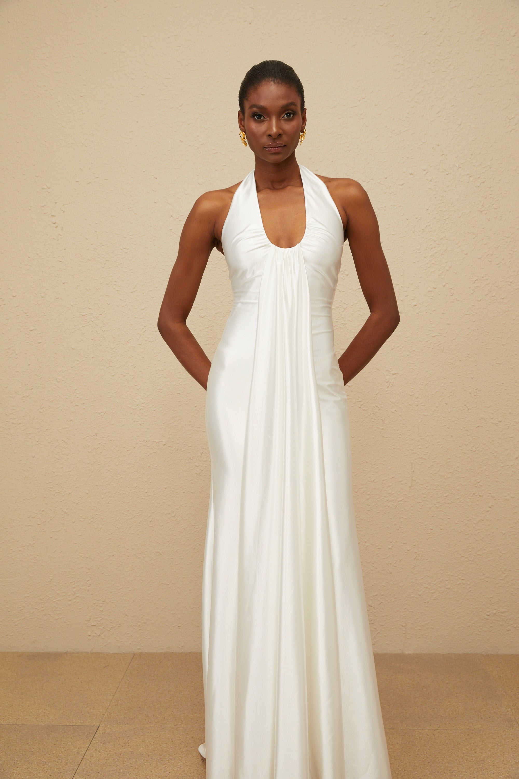 Céleste White Ruched Satin Maxi Dress (Final Sale-US Only)