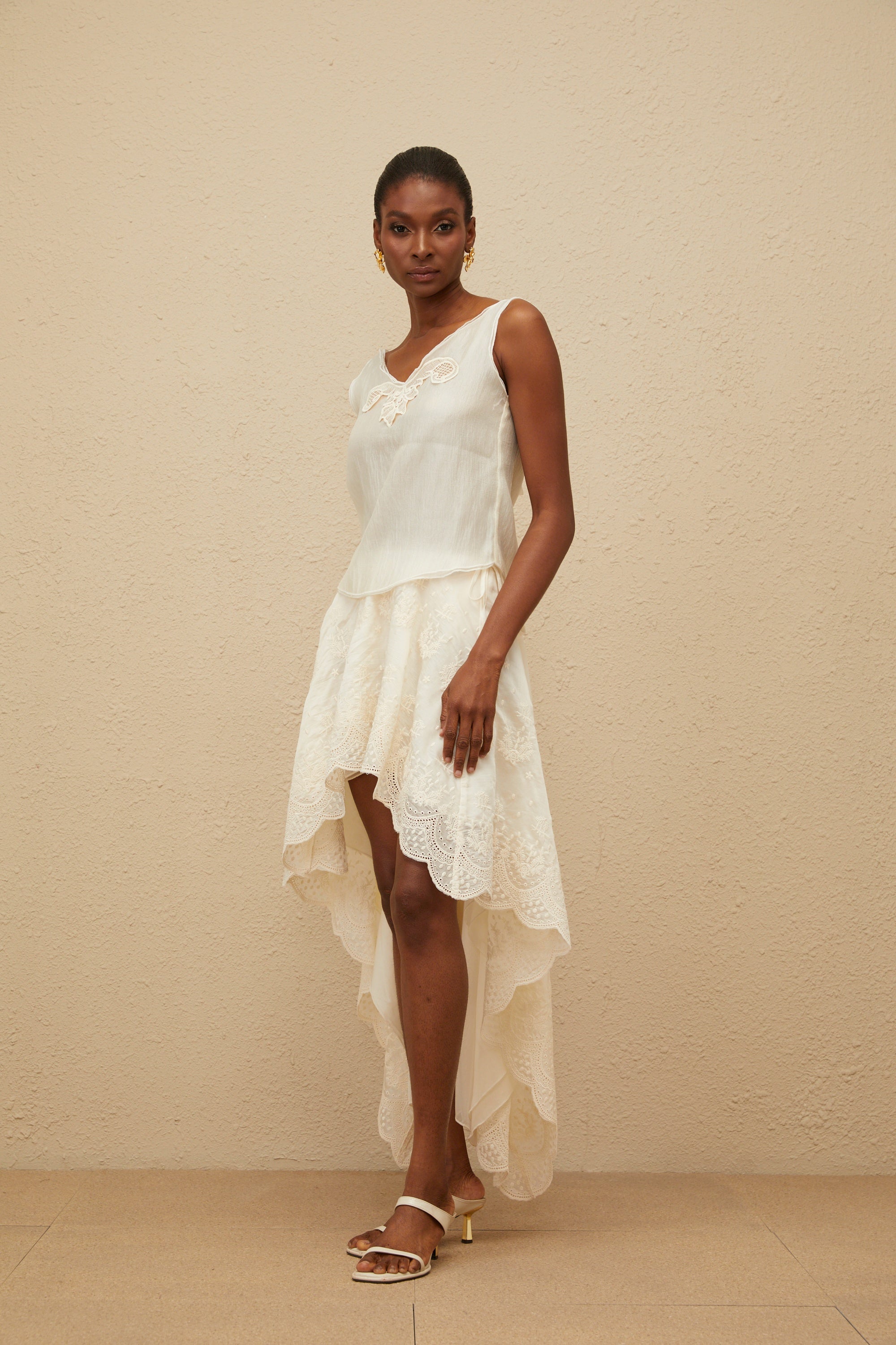 Éthérée Neutral Lace Trim Top & Skirt Set (Final Sale-US Only)