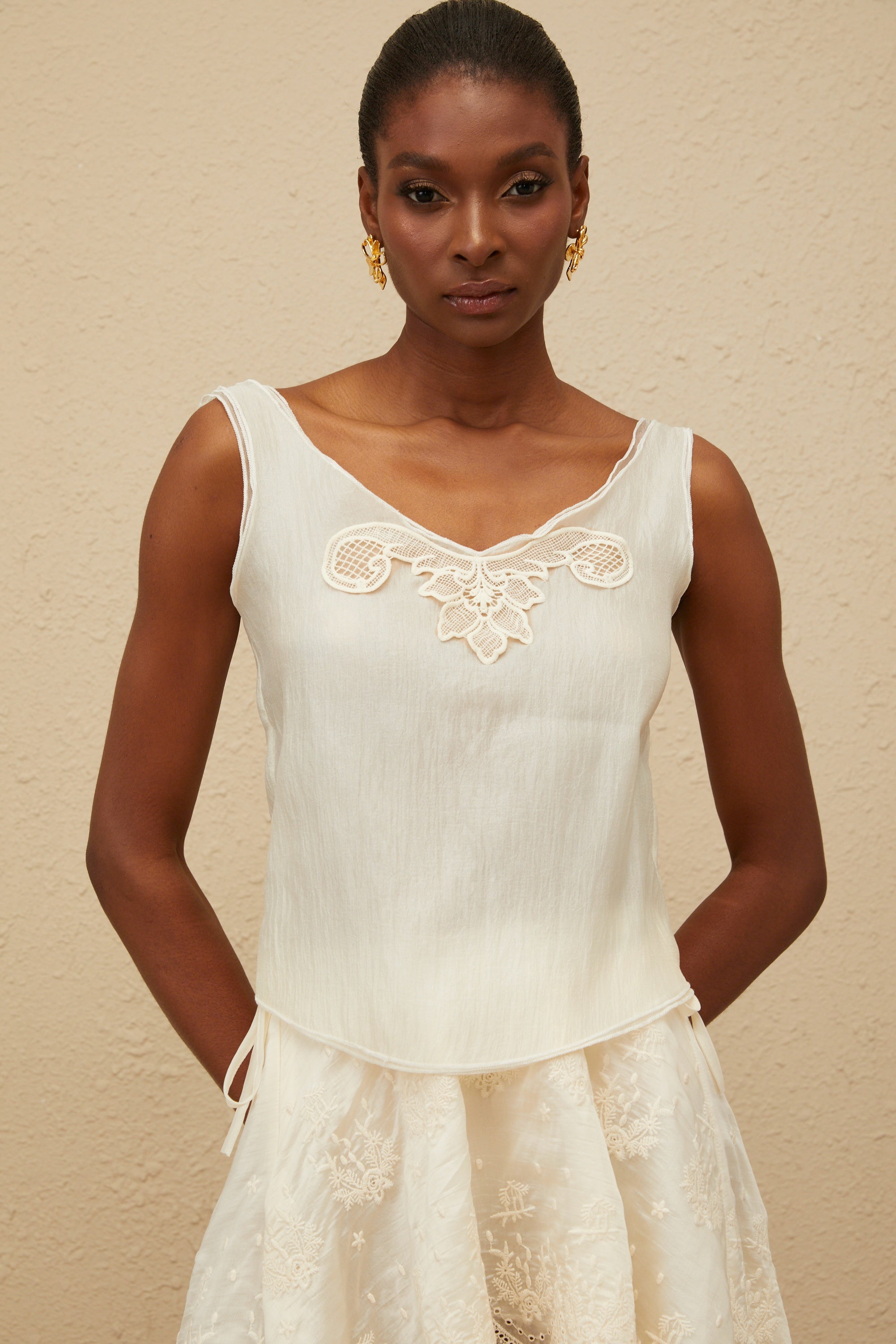 Éthérée Neutral Lace Trim Top & Skirt Set (Final Sale-US Only)