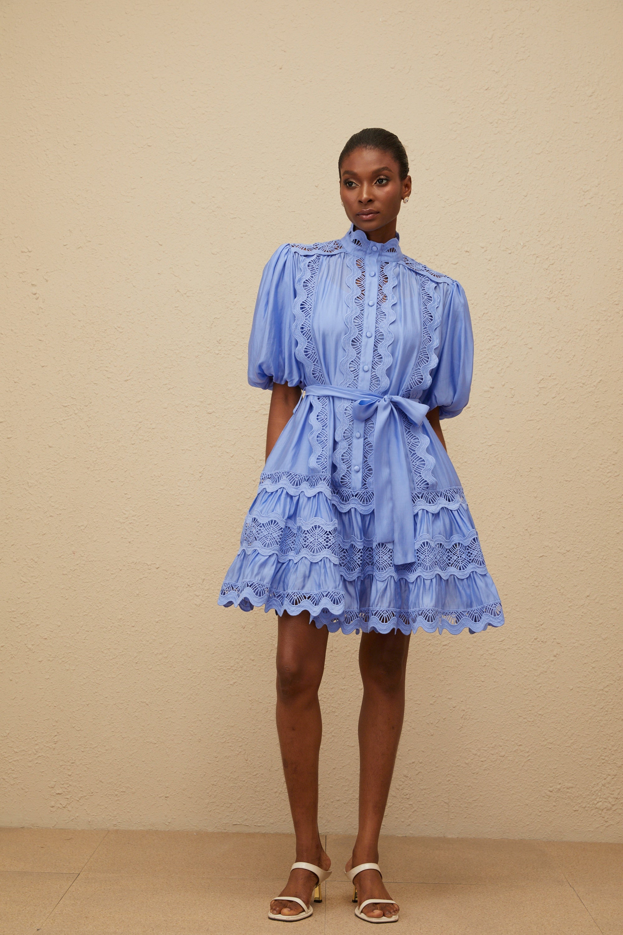 Poema Blue Tiered Motif Embroidered Mini Dress (Final Sale-US Only)