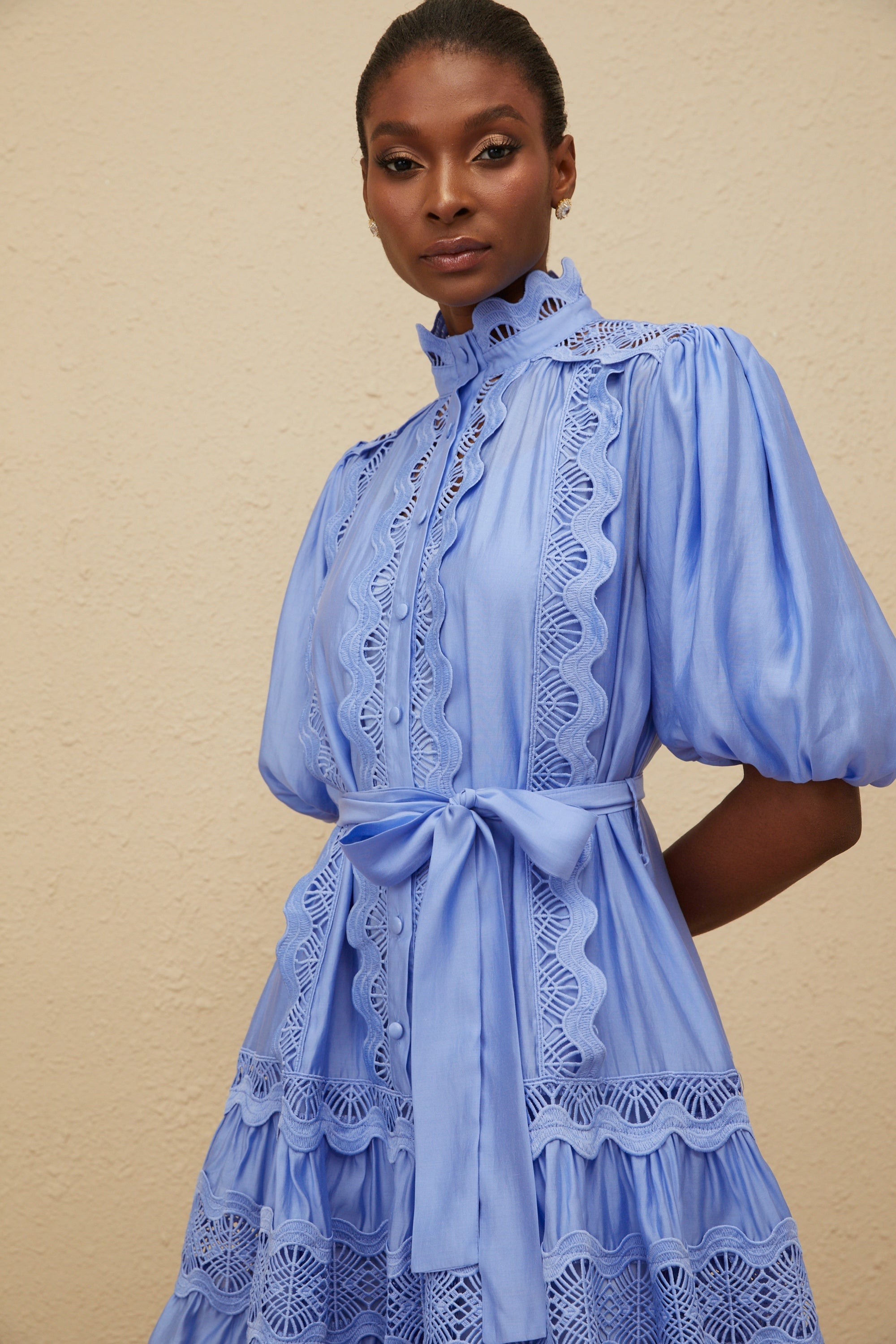 Poema Blue Tiered Motif Embroidered Mini Dress (Final Sale-US Only)