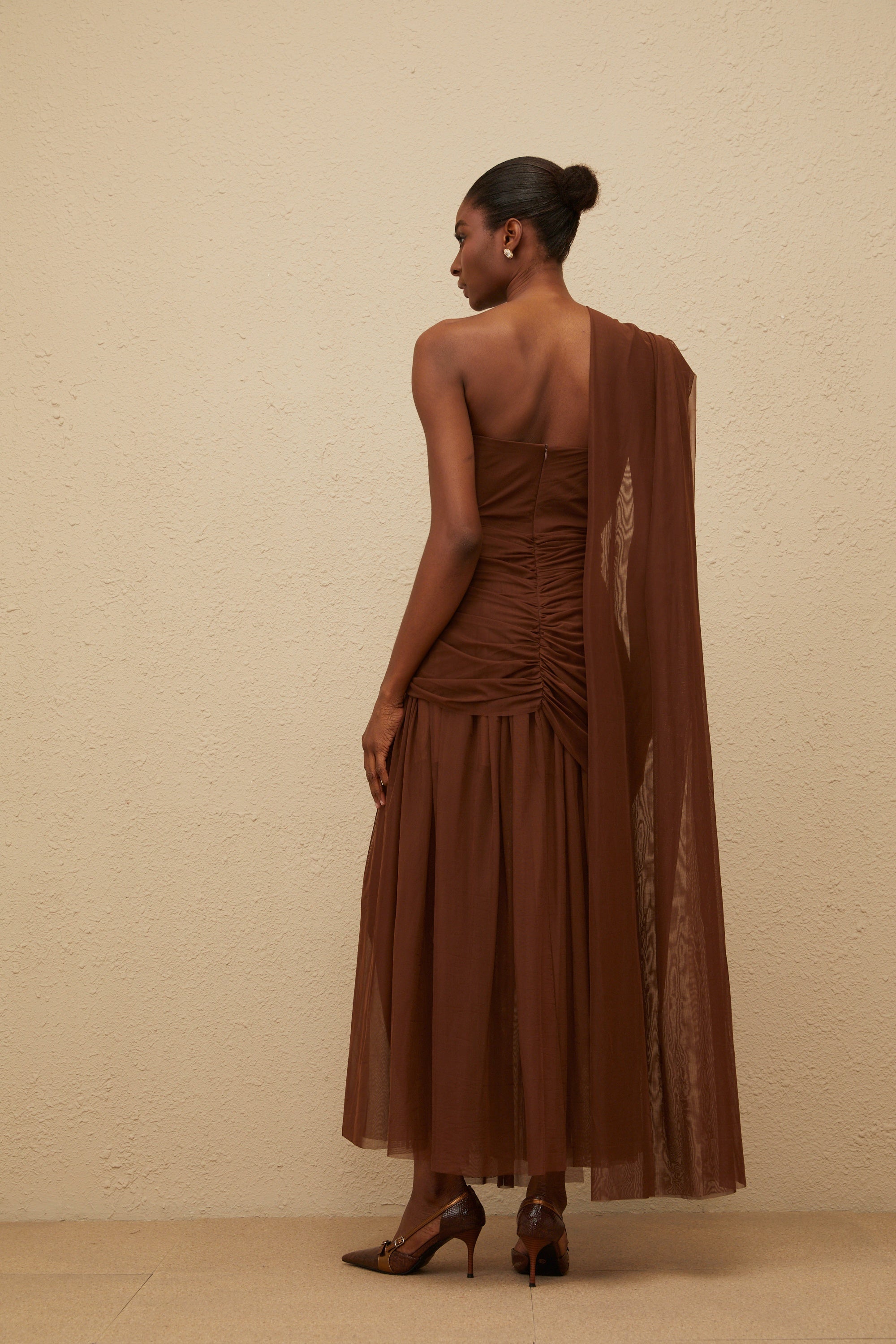 Agathe Brown Asymmetrical Evening Maxi Gown (Final Sale-US Only)