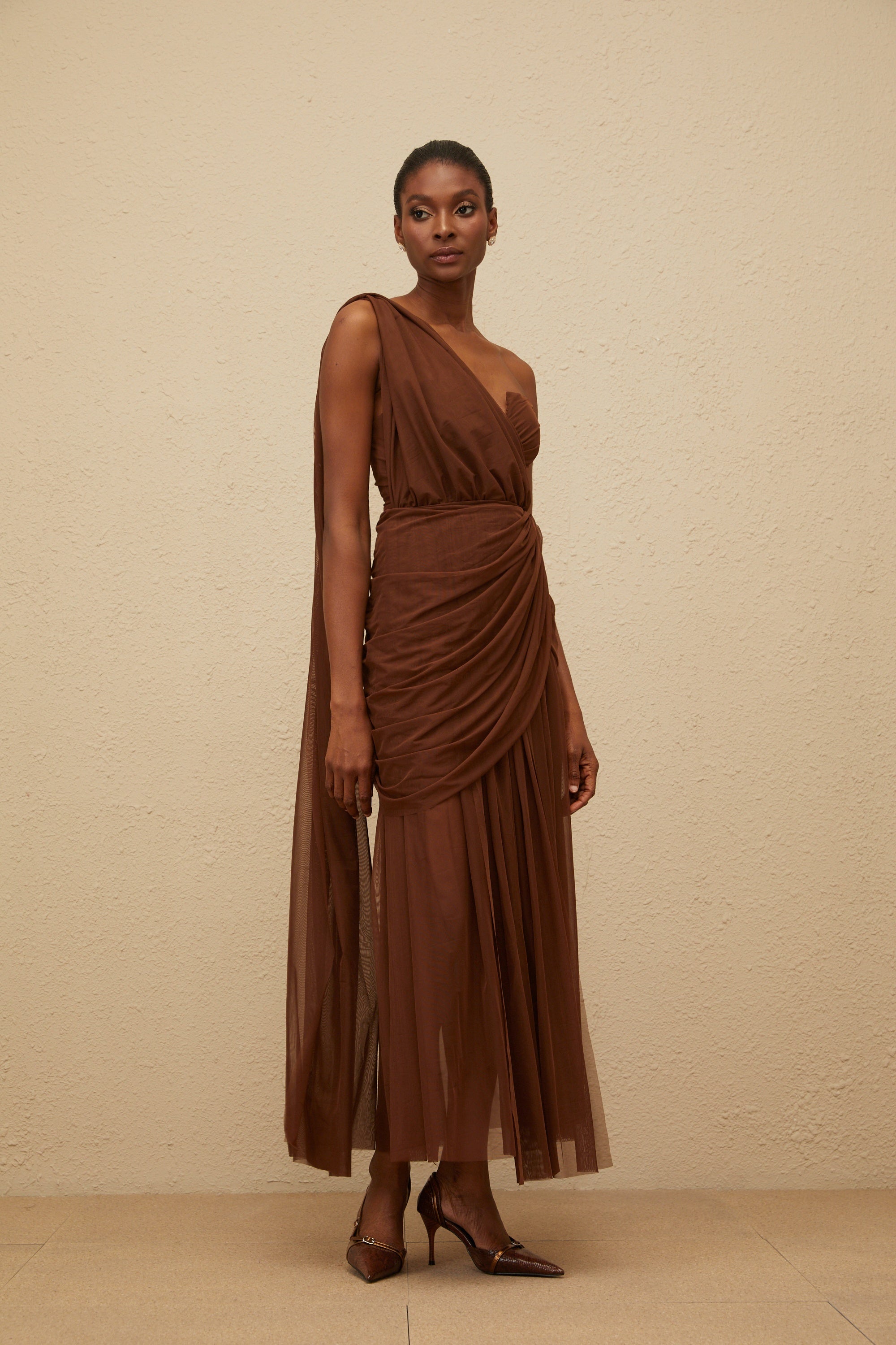 Agathe Brown Asymmetrical Evening Maxi Gown (Final Sale-US Only)