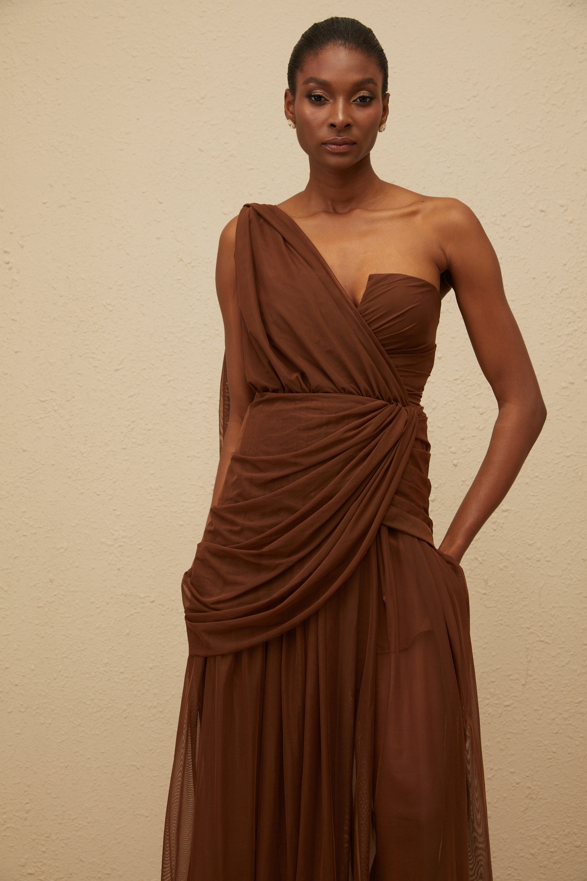 Agathe Brown Asymmetrical Evening Maxi Gown (Final Sale-US Only)
