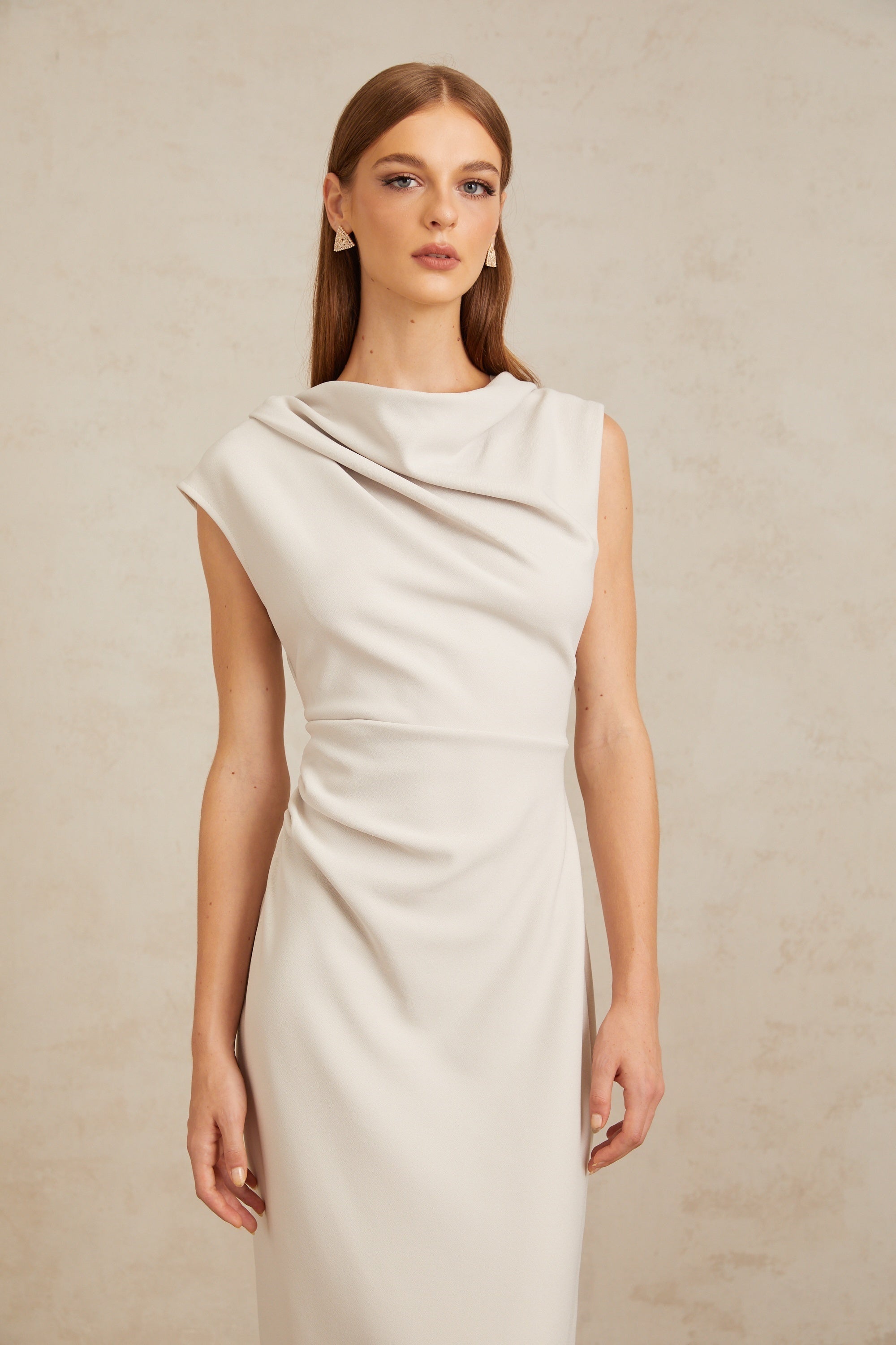 Jeanne Grey Ruched Pencil Midi Dress (Final Sale-US Only)