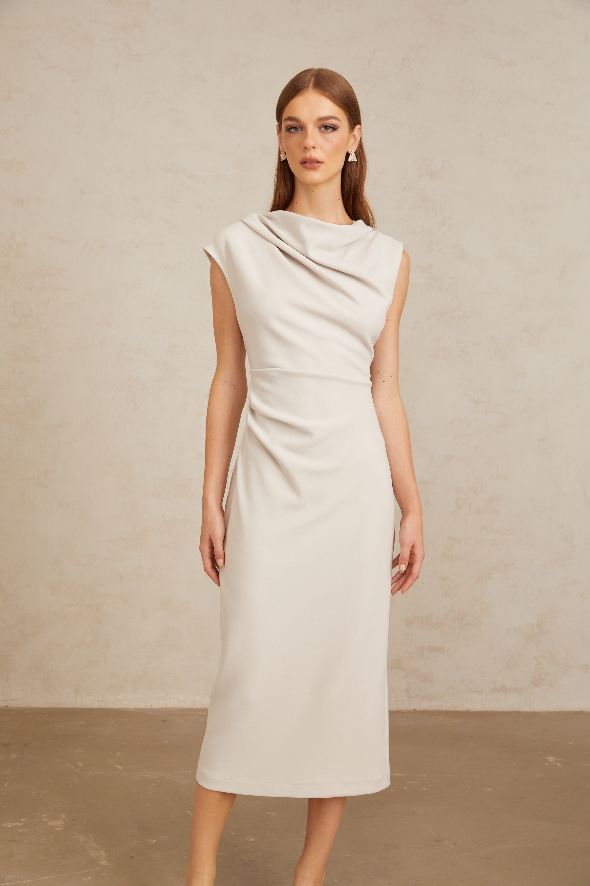 Jeanne Grey Ruched Pencil Midi Dress (Final Sale-US Only)