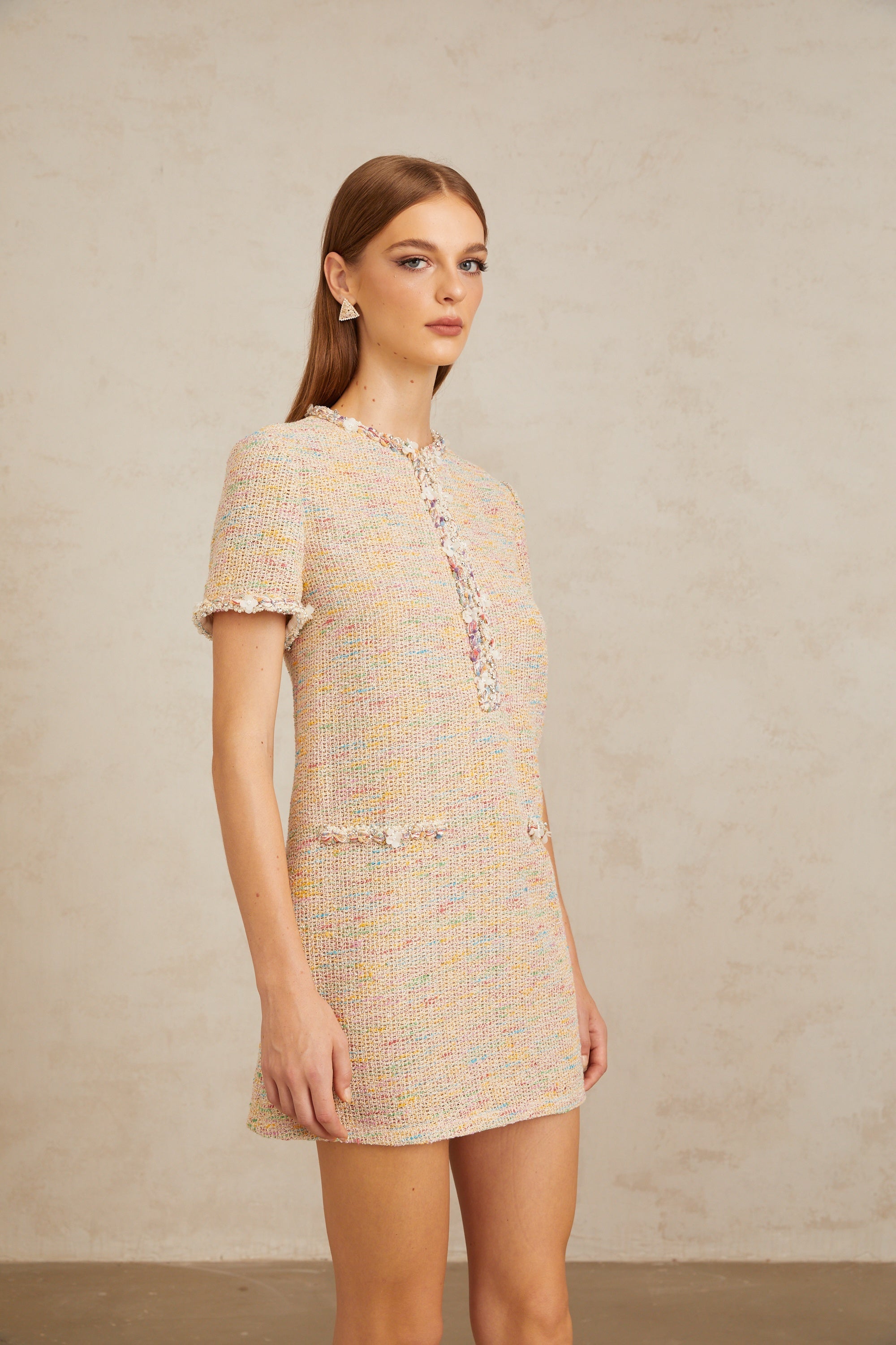 Palme Neutral Embellished Crochet Knit Mini Dress (Final Sale-US Only)
