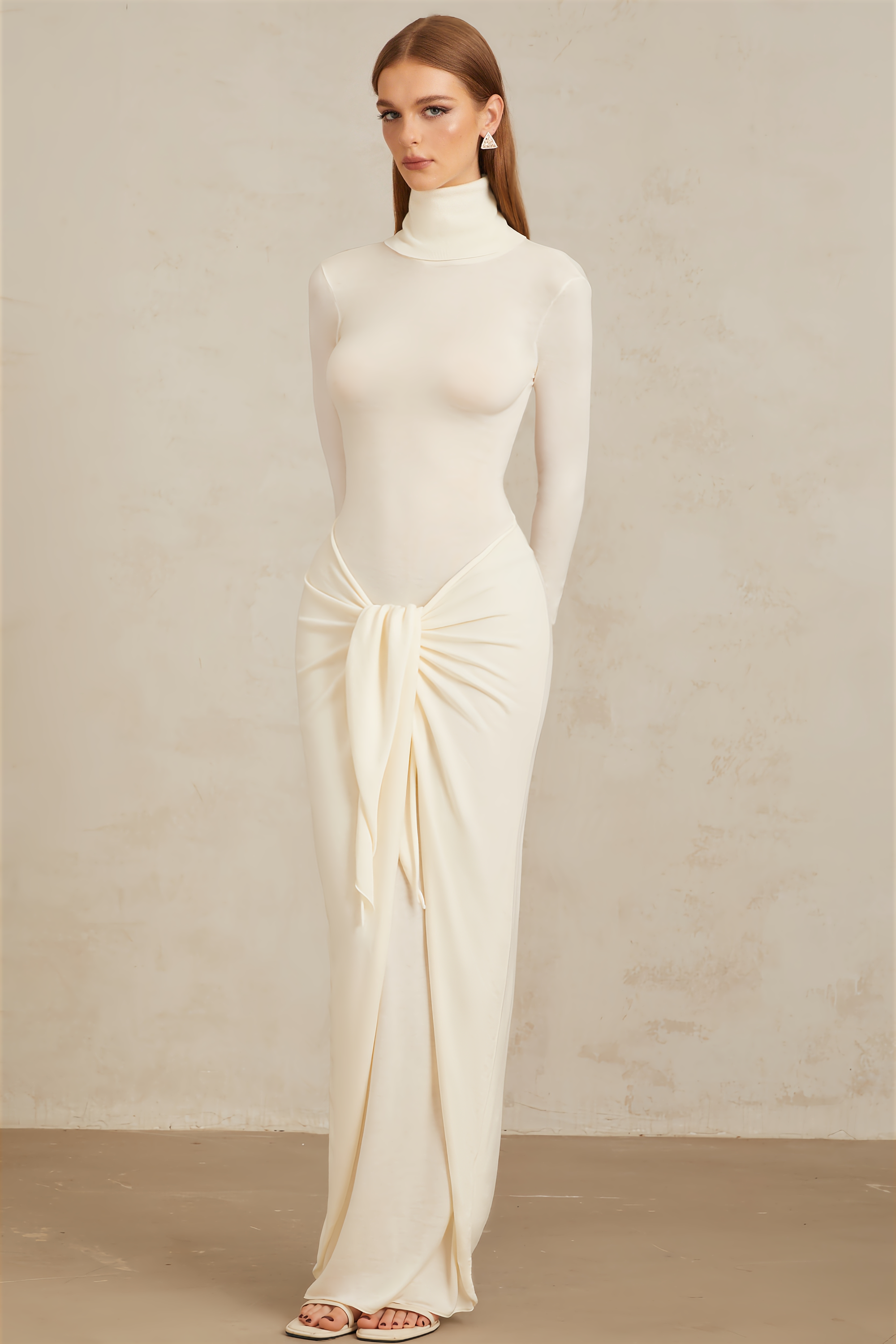 Impériale White Ruched Turtleneck Maxi Dress (Final Sale)