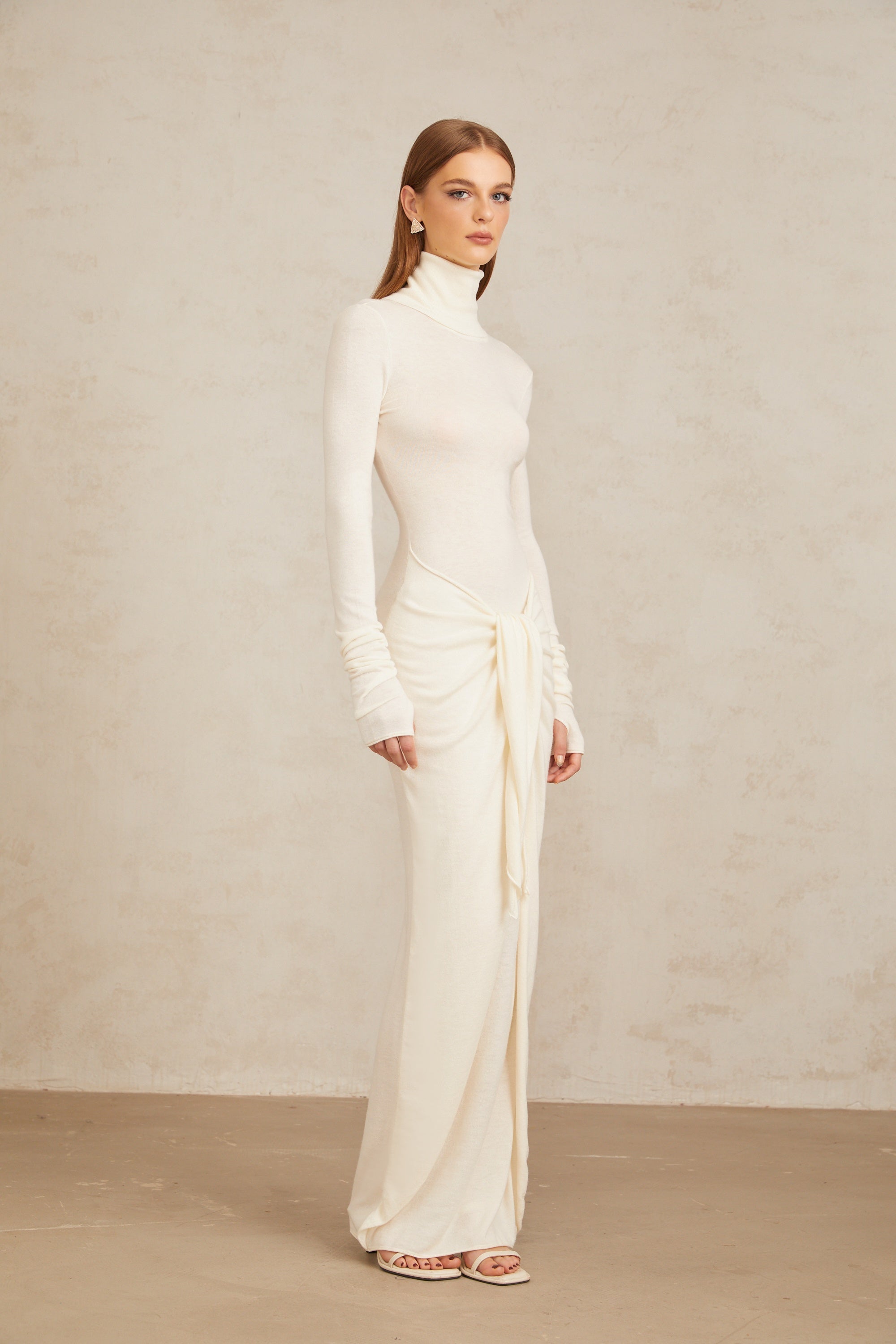 Impériale White Ruched Turtleneck Maxi Dress (Final Sale)