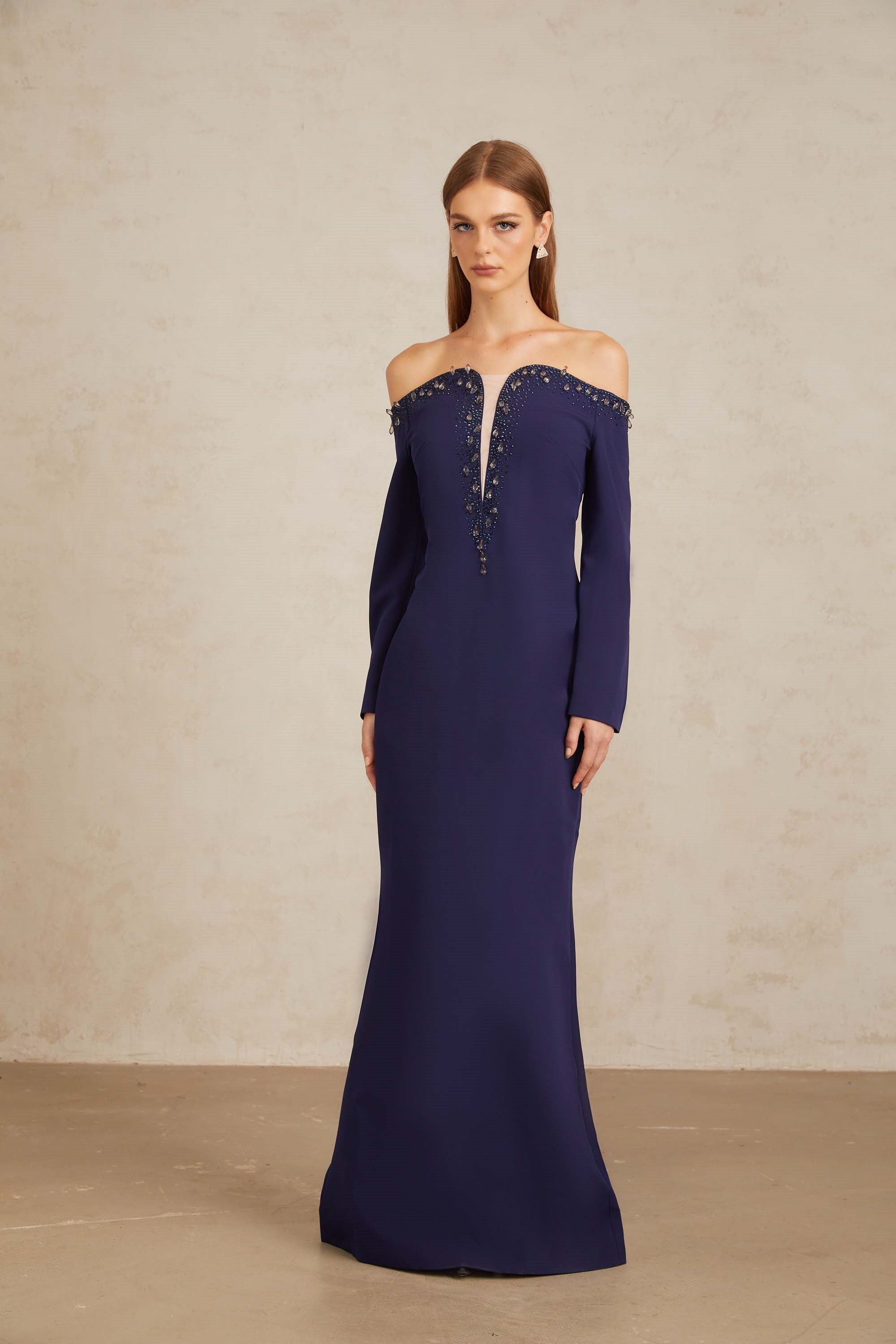 Joyanna Blue Off-Shoulder Embellished Gown (Final Sale-US Only)