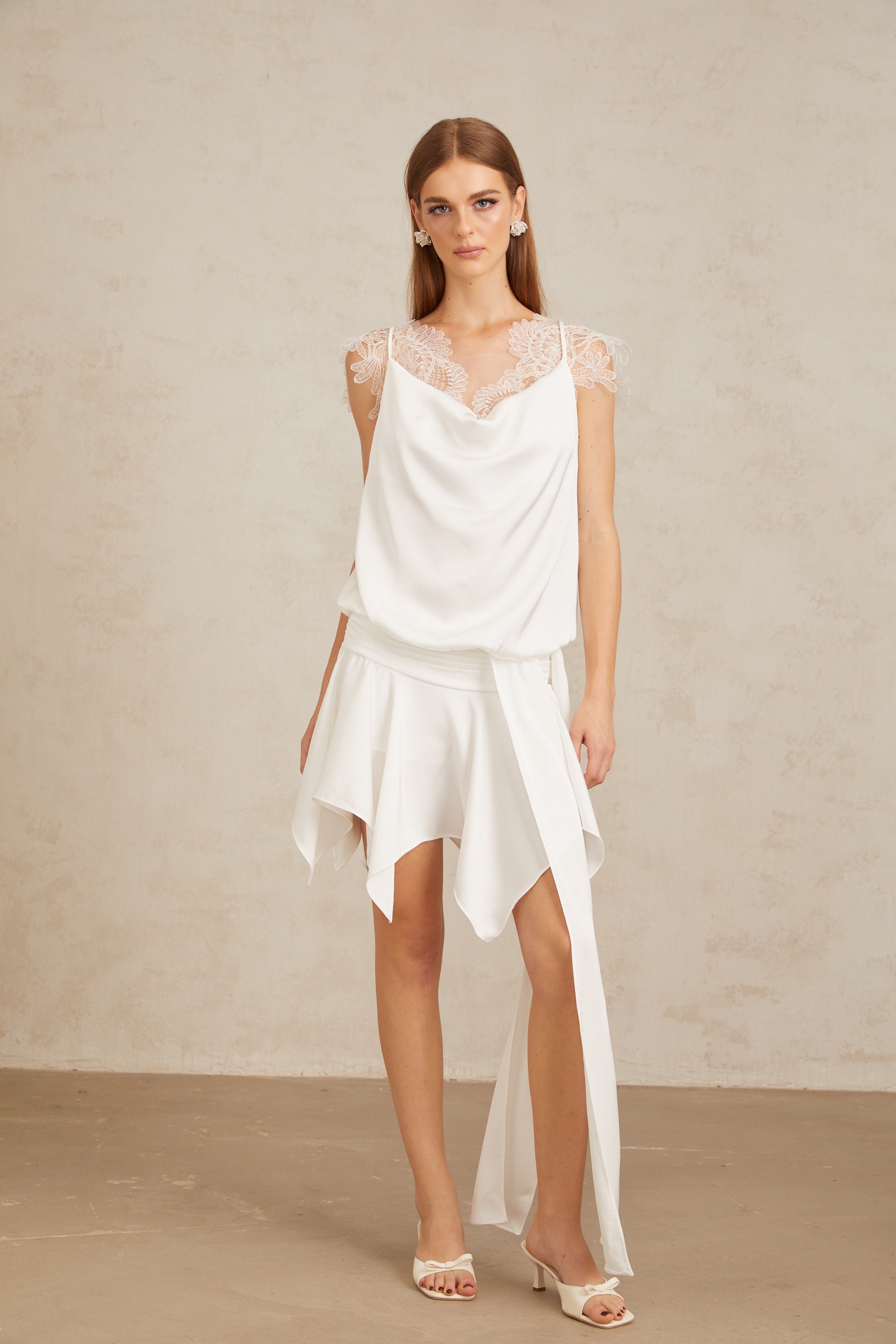 Thérèse White Draped Lace Panel Mini Dress (Final Sale-US Only)