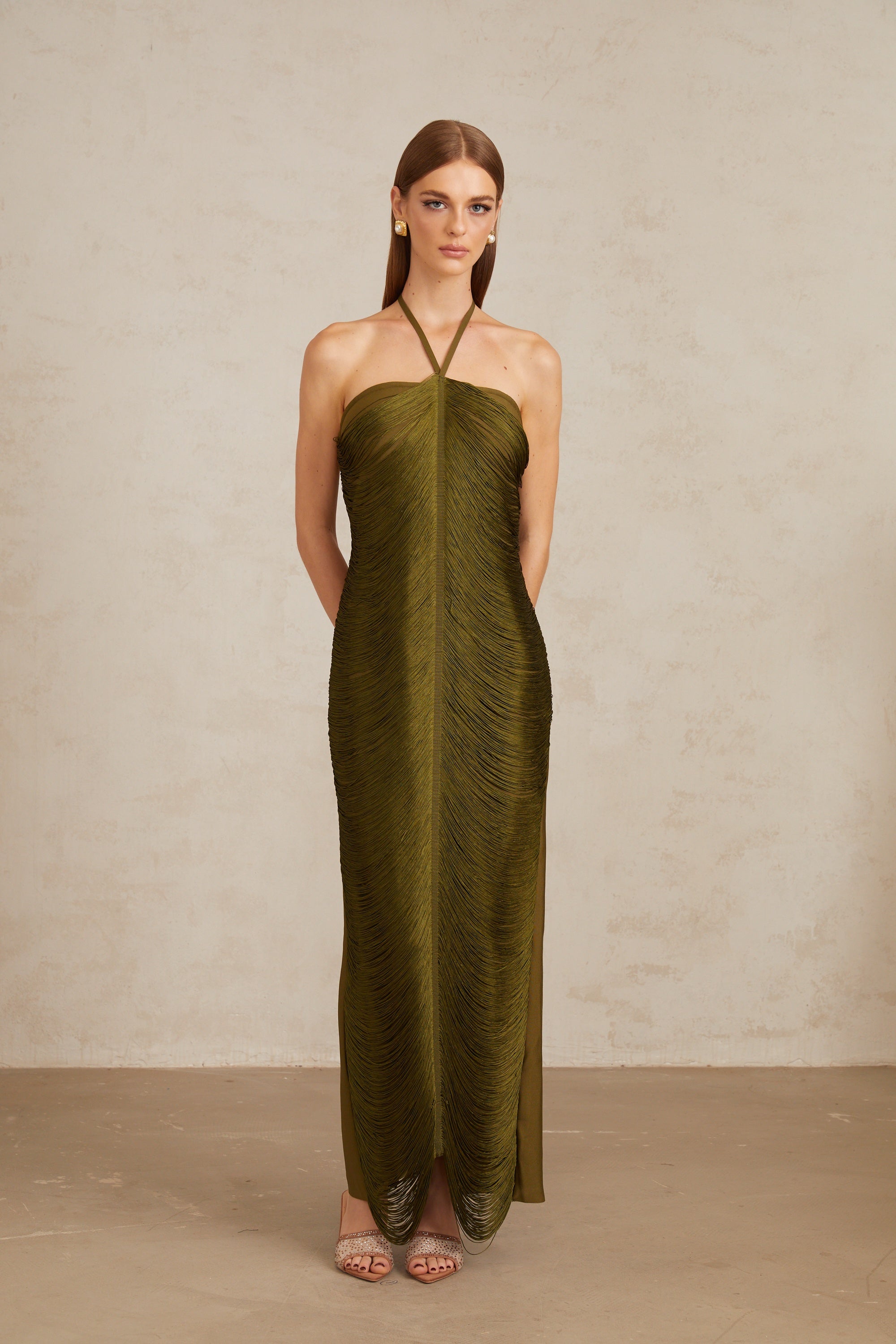 Polliana Olive Green Fringed Corset Maxi Gown (Final Sale-US Only)