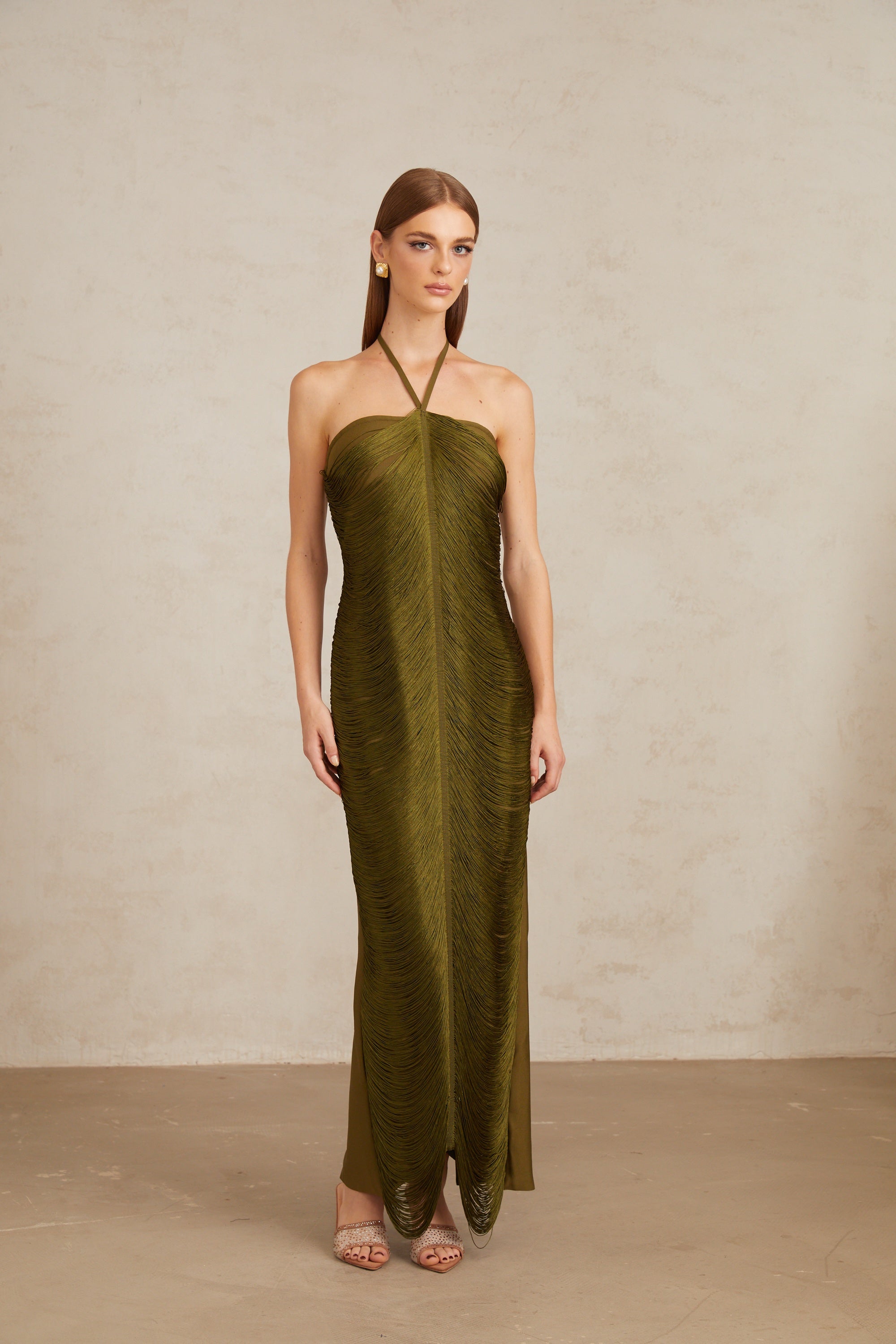 Polliana Olive Green Fringed Corset Maxi Gown (Final Sale-US Only)