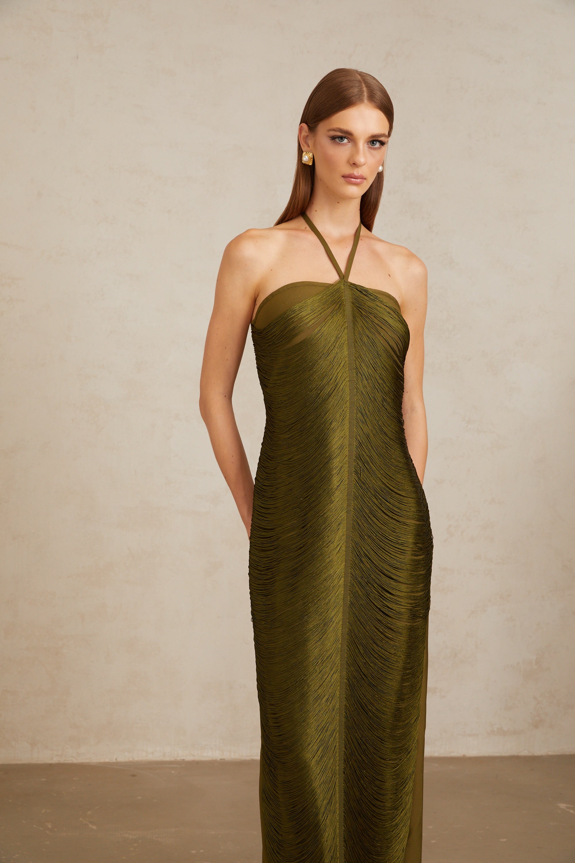 Polliana Olive Green Fringed Corset Maxi Gown (Final Sale-US Only)