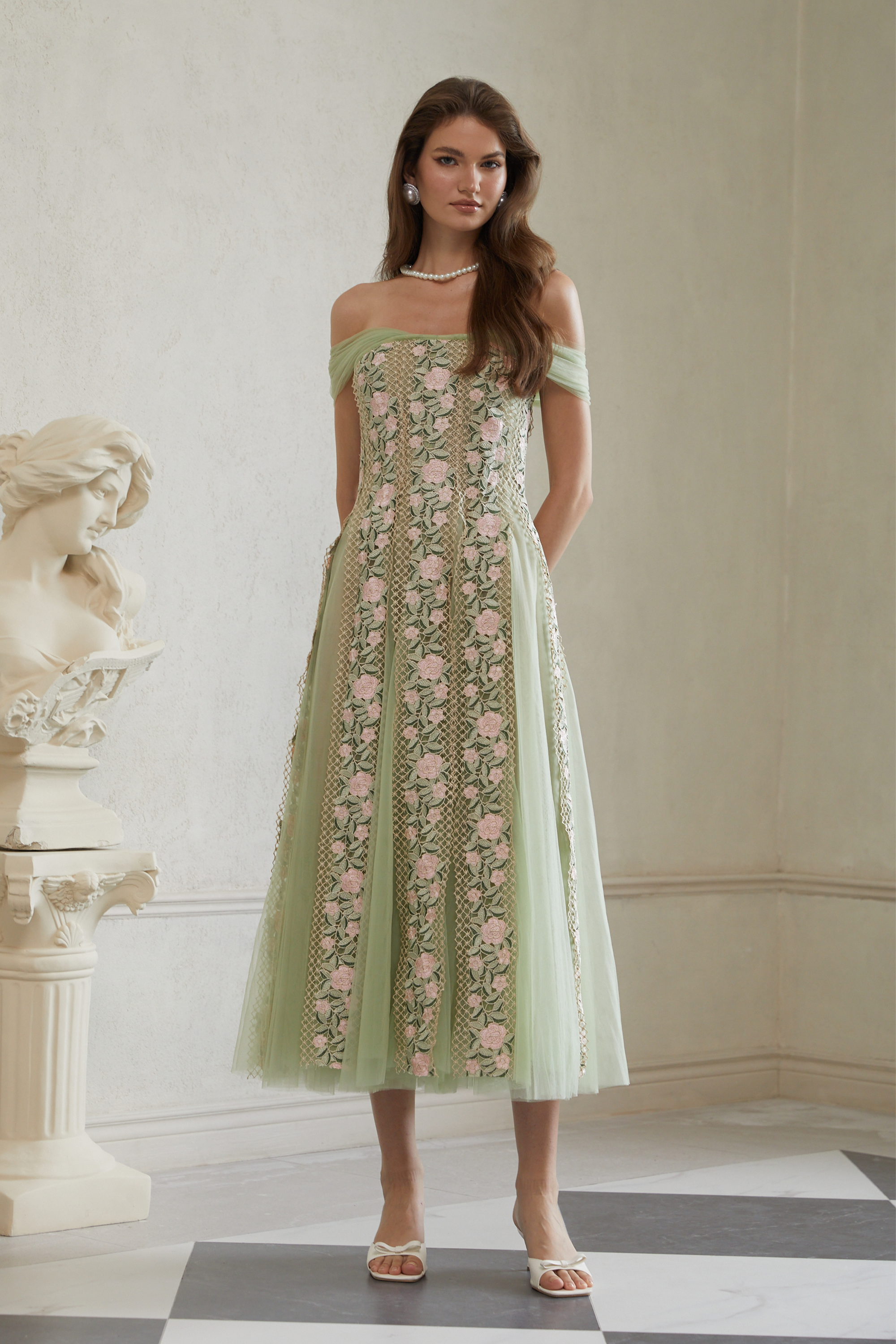 Eleni Green Tulle Panel Floral Midi Dress (Final Sale-US Only)
