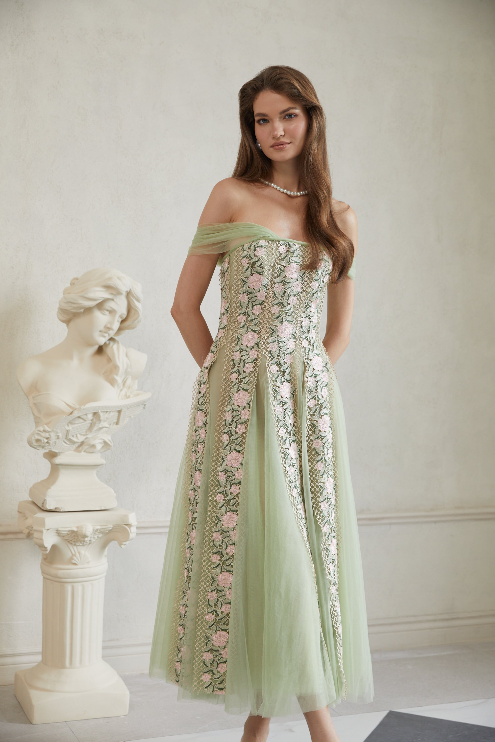 Eleni Green Tulle Panel Floral Midi Dress (Final Sale-US Only)