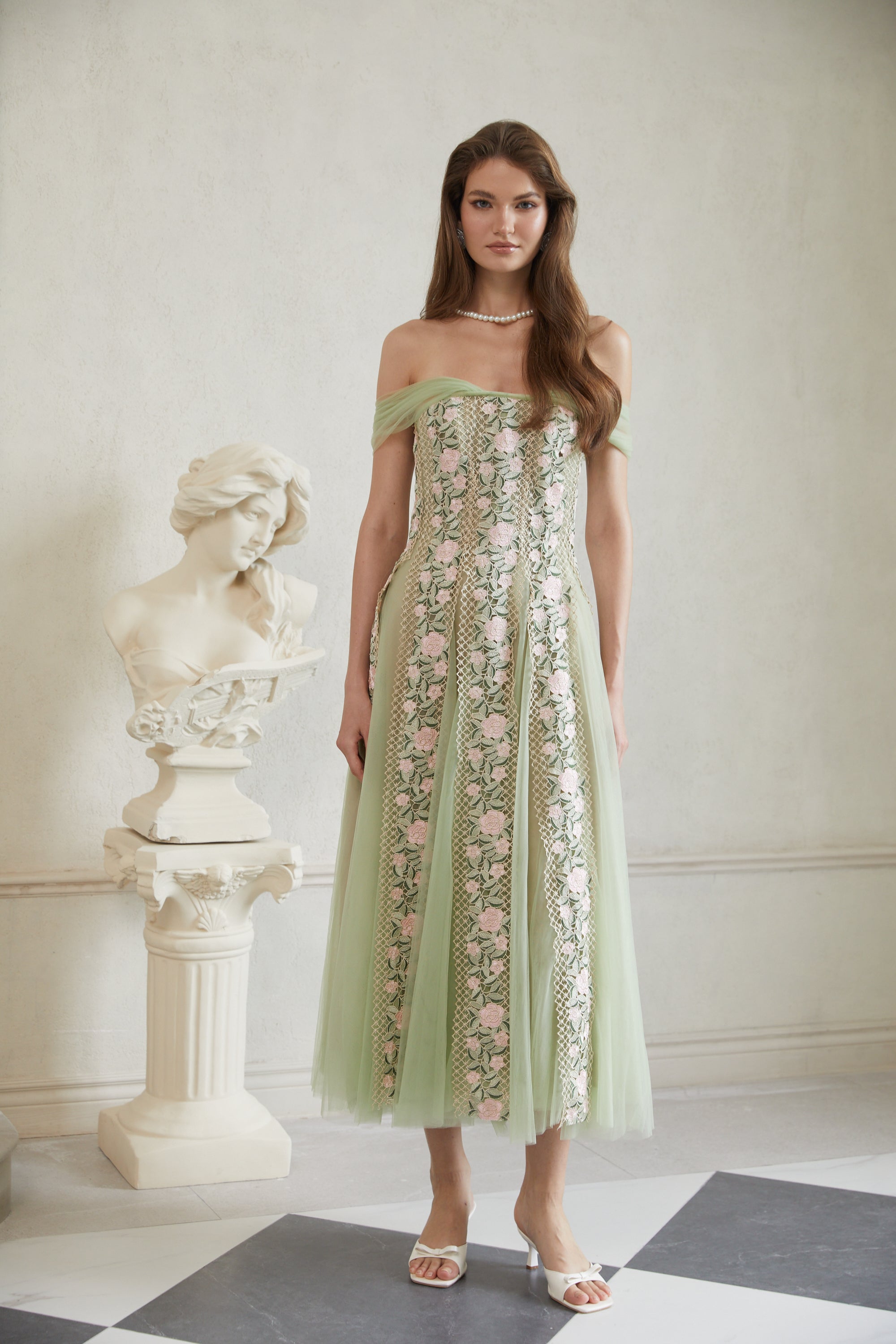 Eleni Green Tulle Panel Floral Midi Dress (Final Sale-US Only)