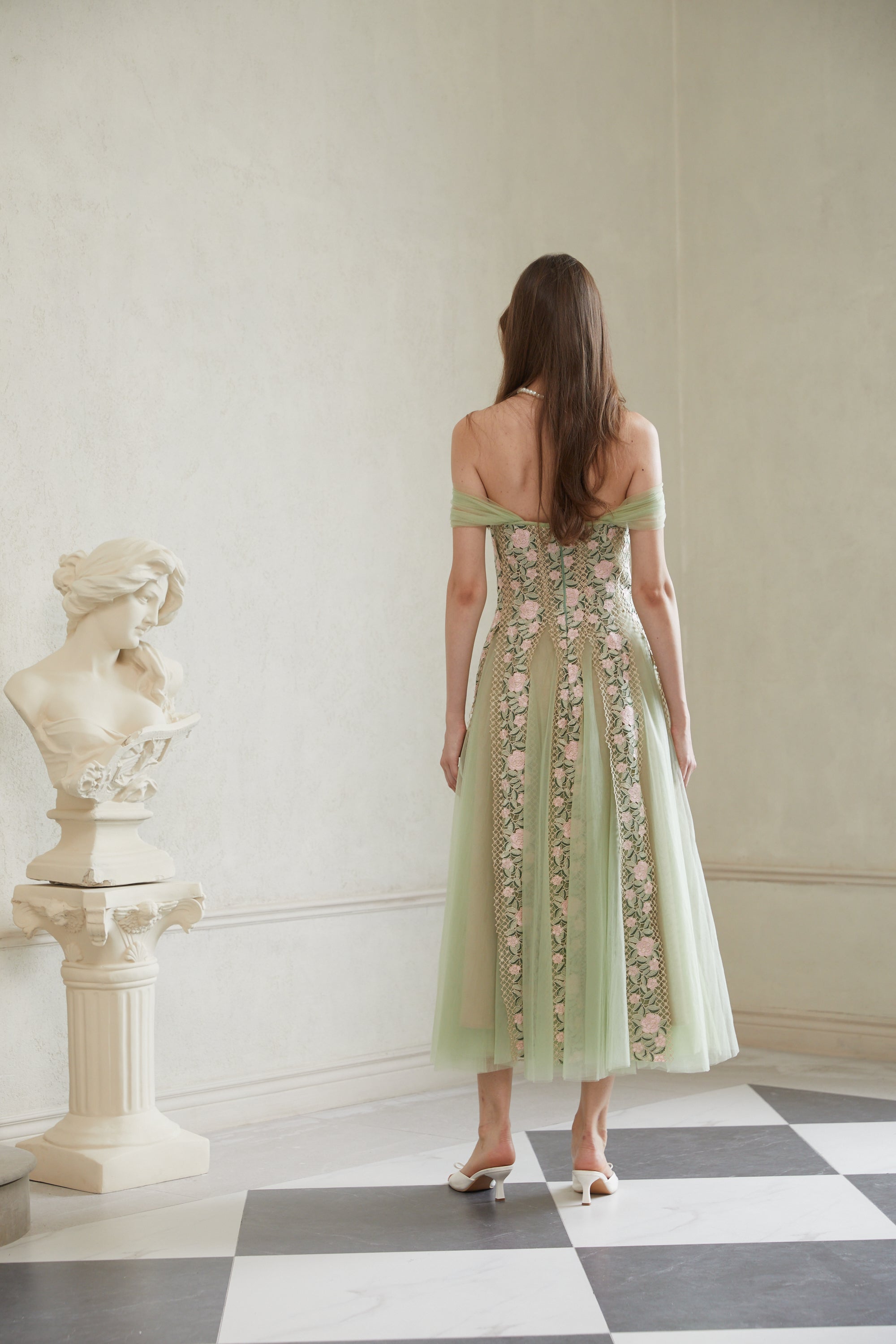 Eleni Green Tulle Panel Floral Midi Dress (Final Sale-US Only)