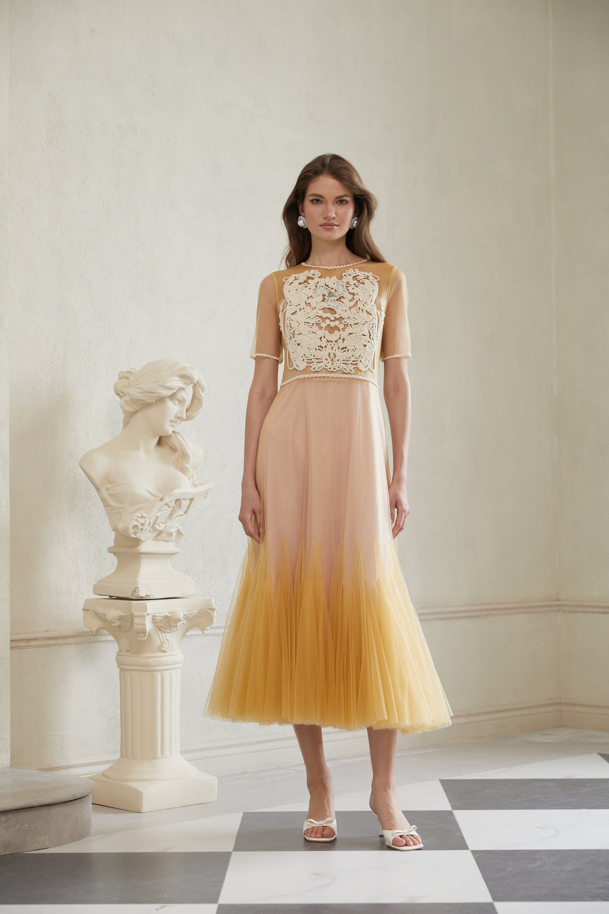 Despoina Yellow Floral Braided Tulle Midi Dress (Final Sale)