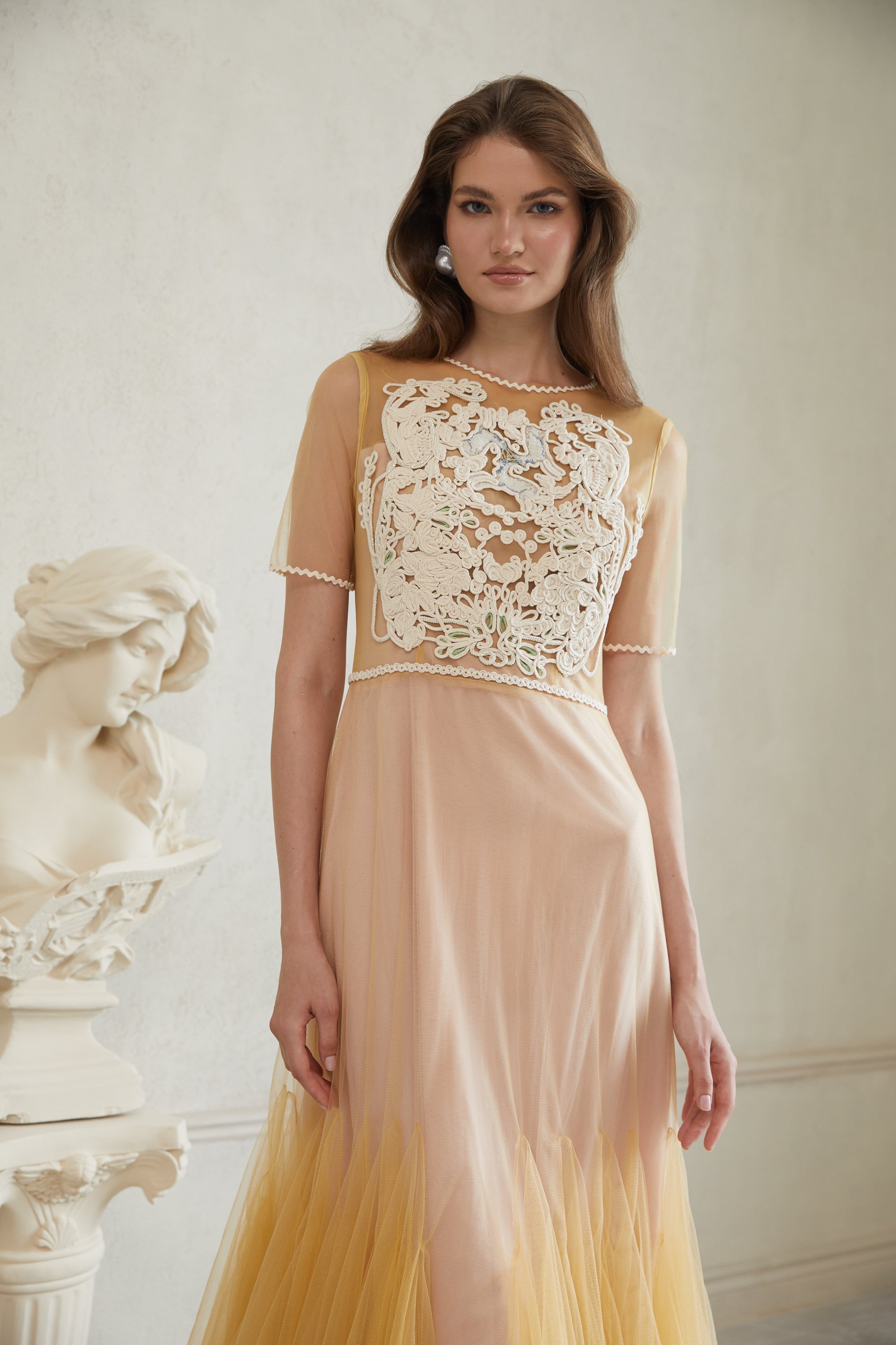 Despoina Yellow Floral Braided Tulle Midi Dress (Final Sale)