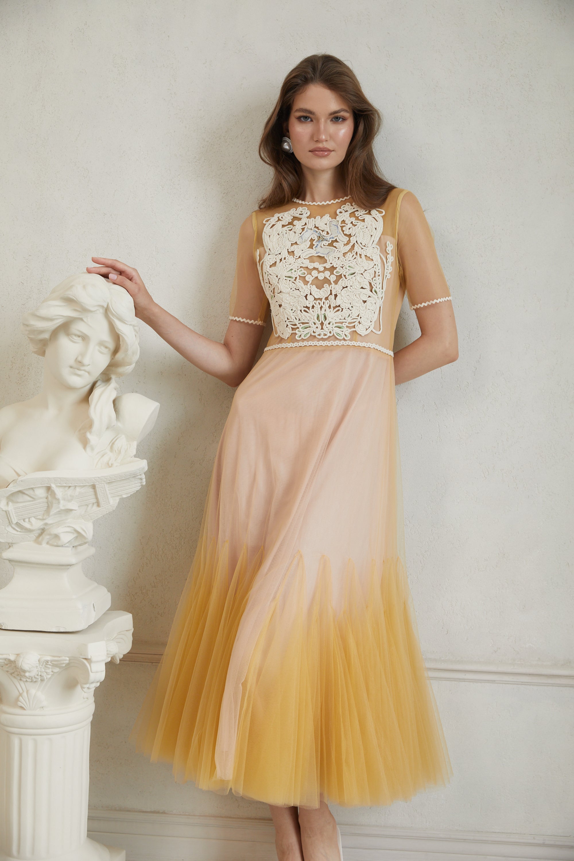 Despoina Yellow Floral Braided Tulle Midi Dress (Final Sale)