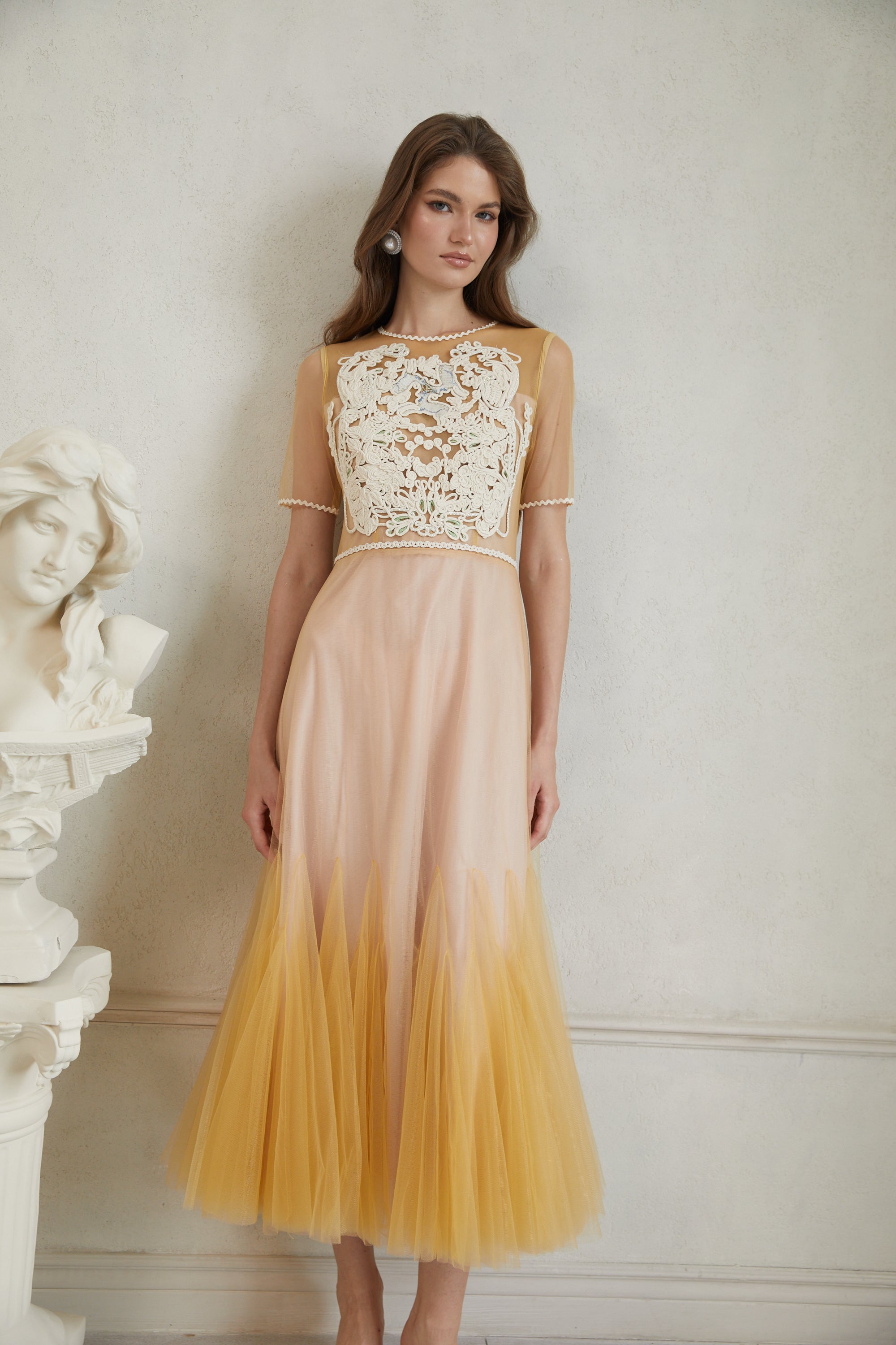 Despoina Yellow Floral Braided Tulle Midi Dress (Final Sale)