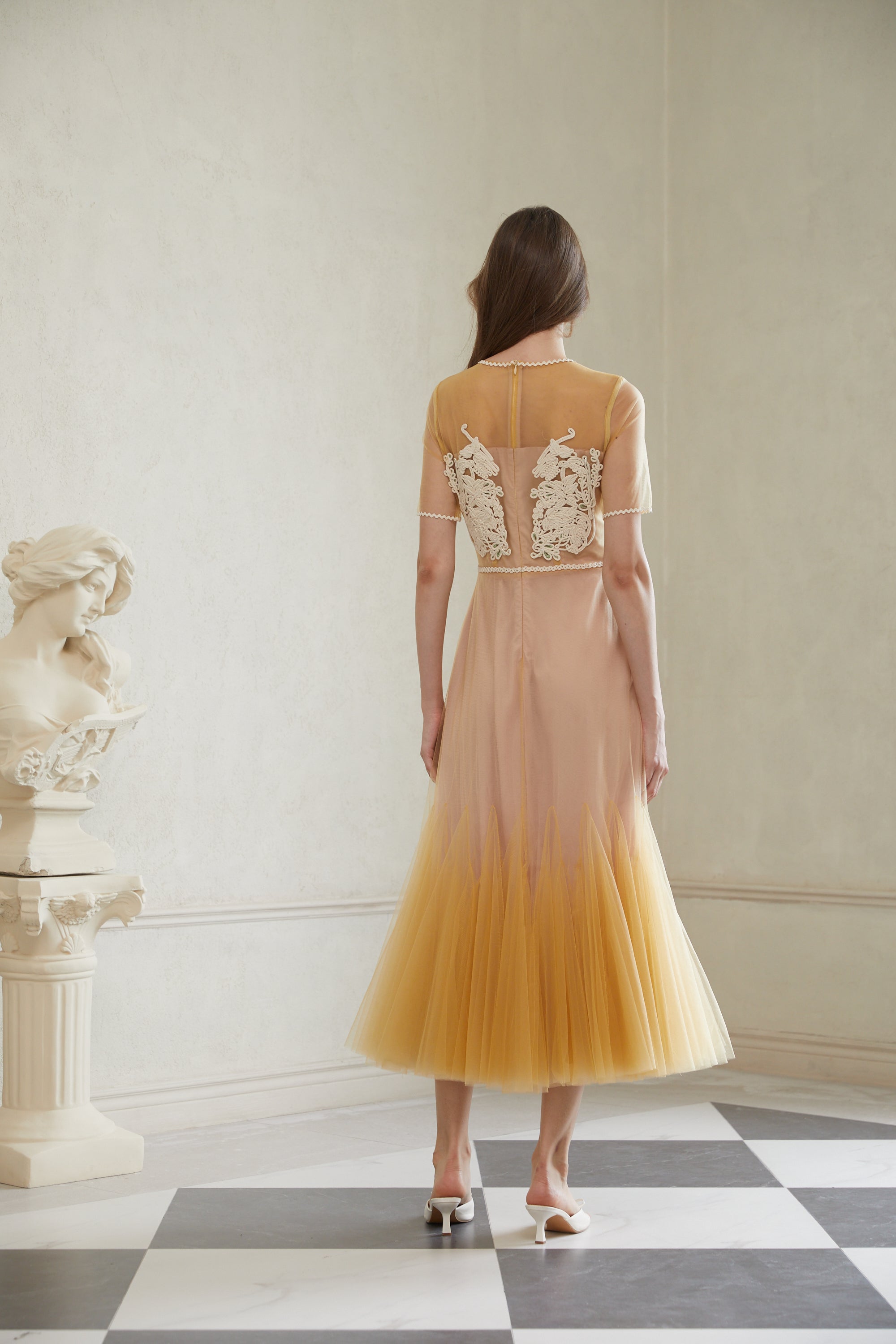 Despoina Yellow Floral Braided Tulle Midi Dress (Final Sale)