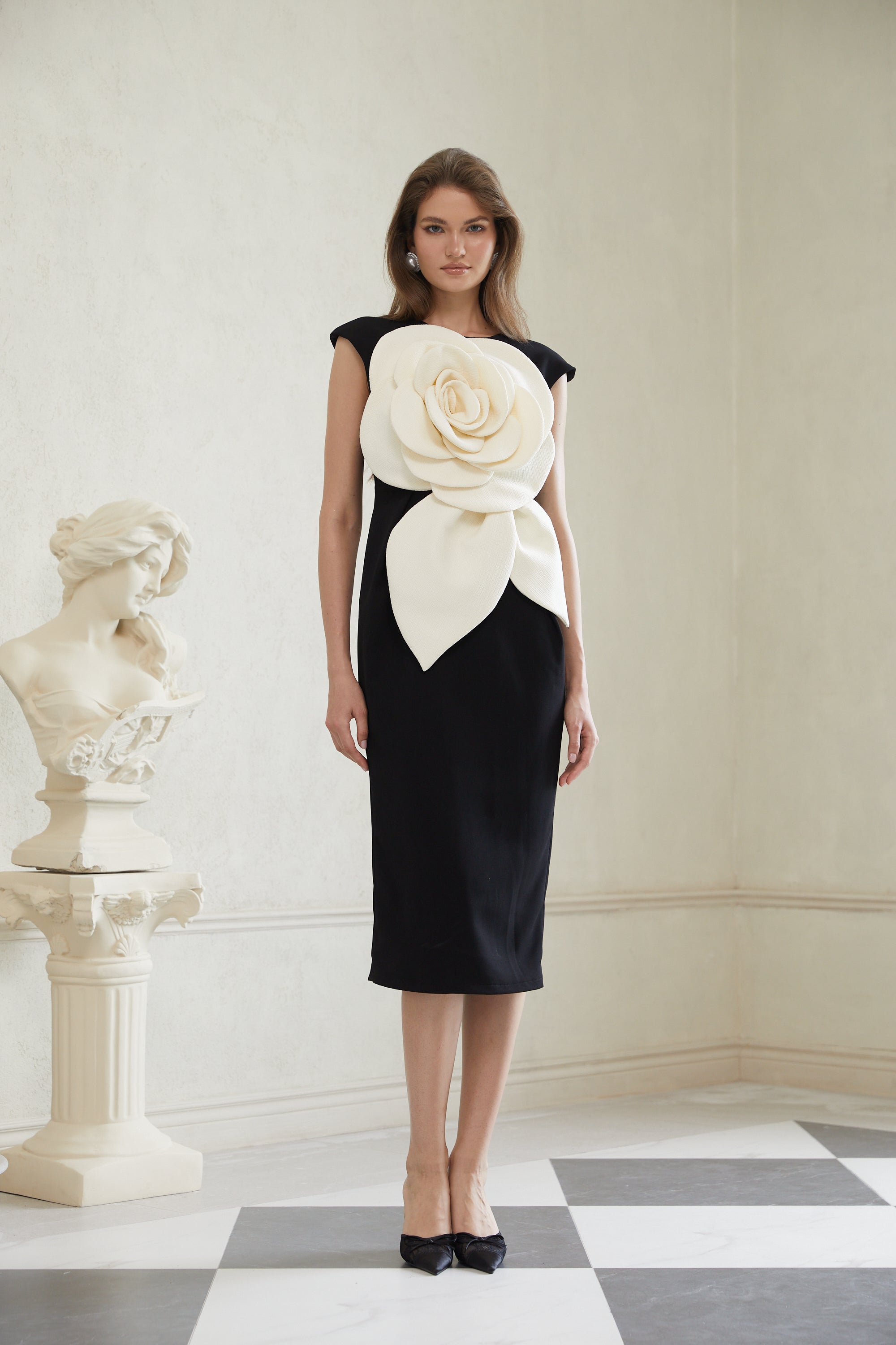 Aurélienne Black 3D Petal Pencil Midi Dress (Final Sale)