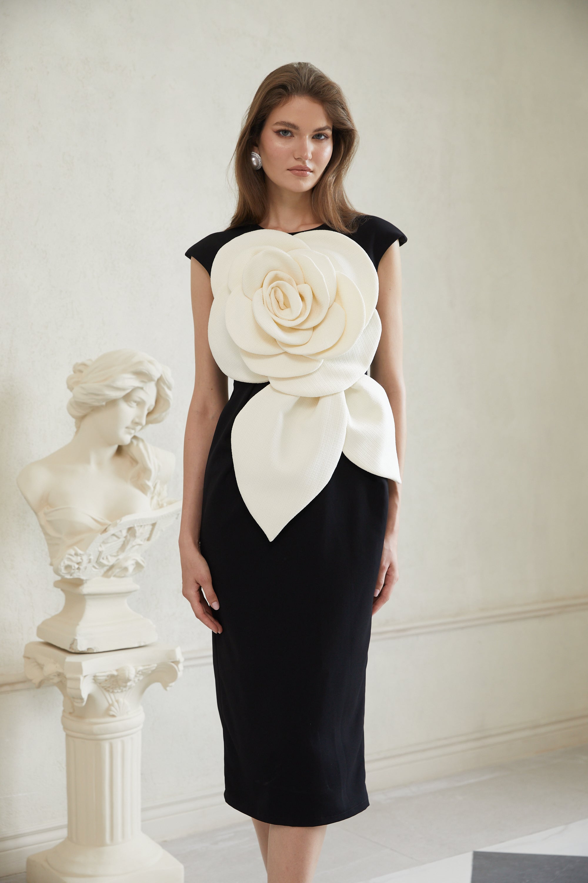 Aurélienne Black 3D Petal Pencil Midi Dress (Final Sale)
