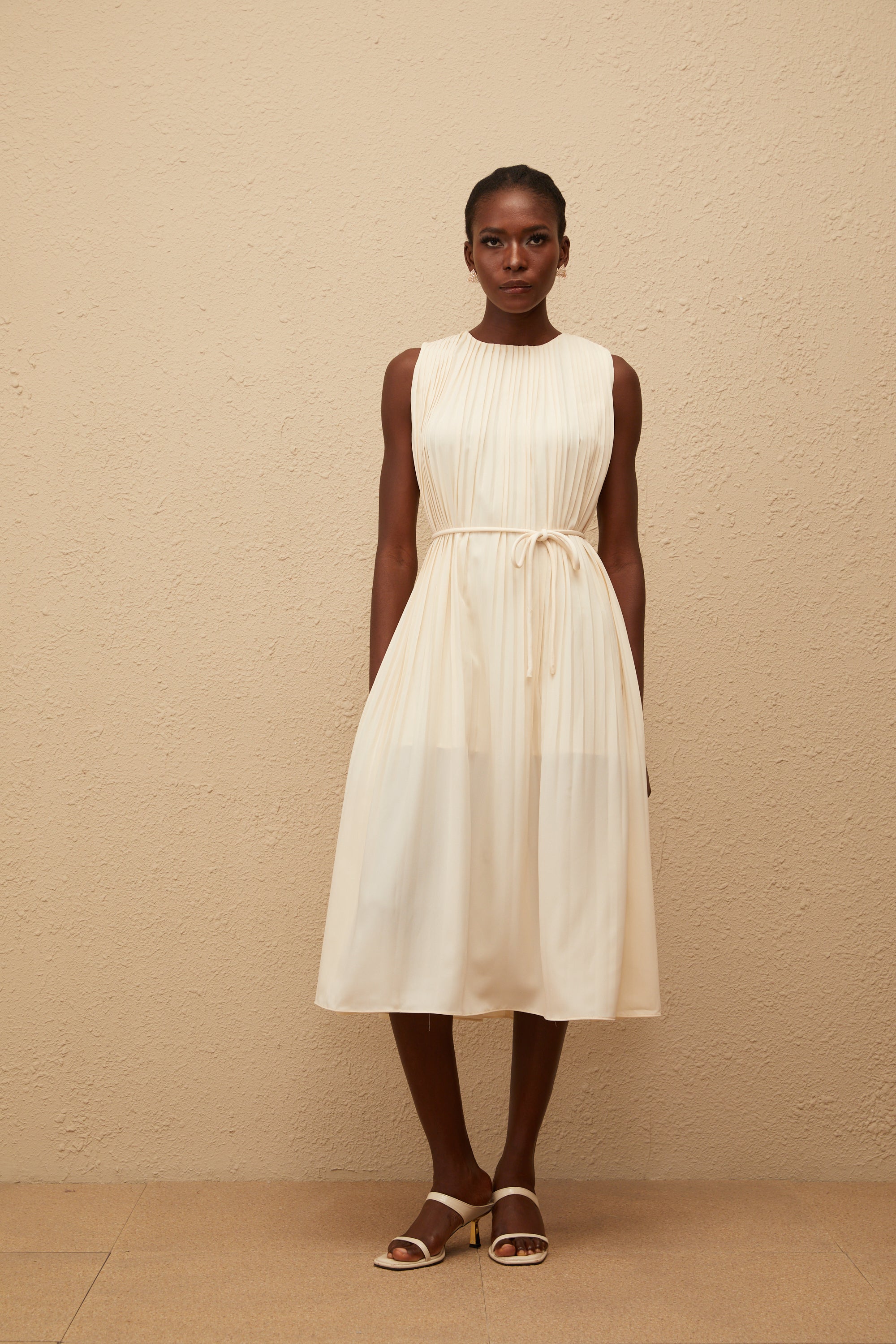Célestine Neutral Sleeveless Pleated Midi Dress (Final Sale-US Only)