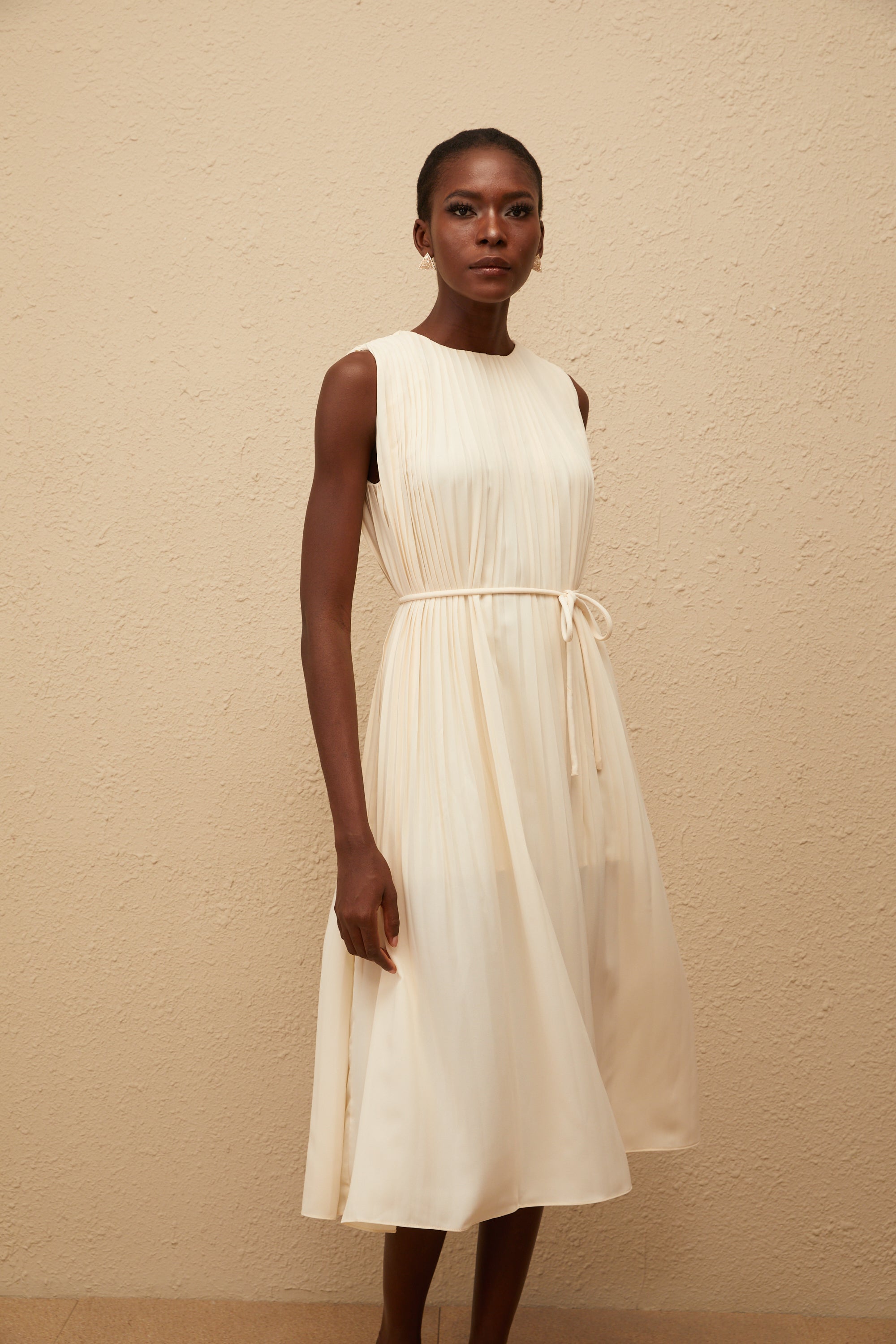 Célestine Neutral Sleeveless Pleated Midi Dress (Final Sale-US Only)