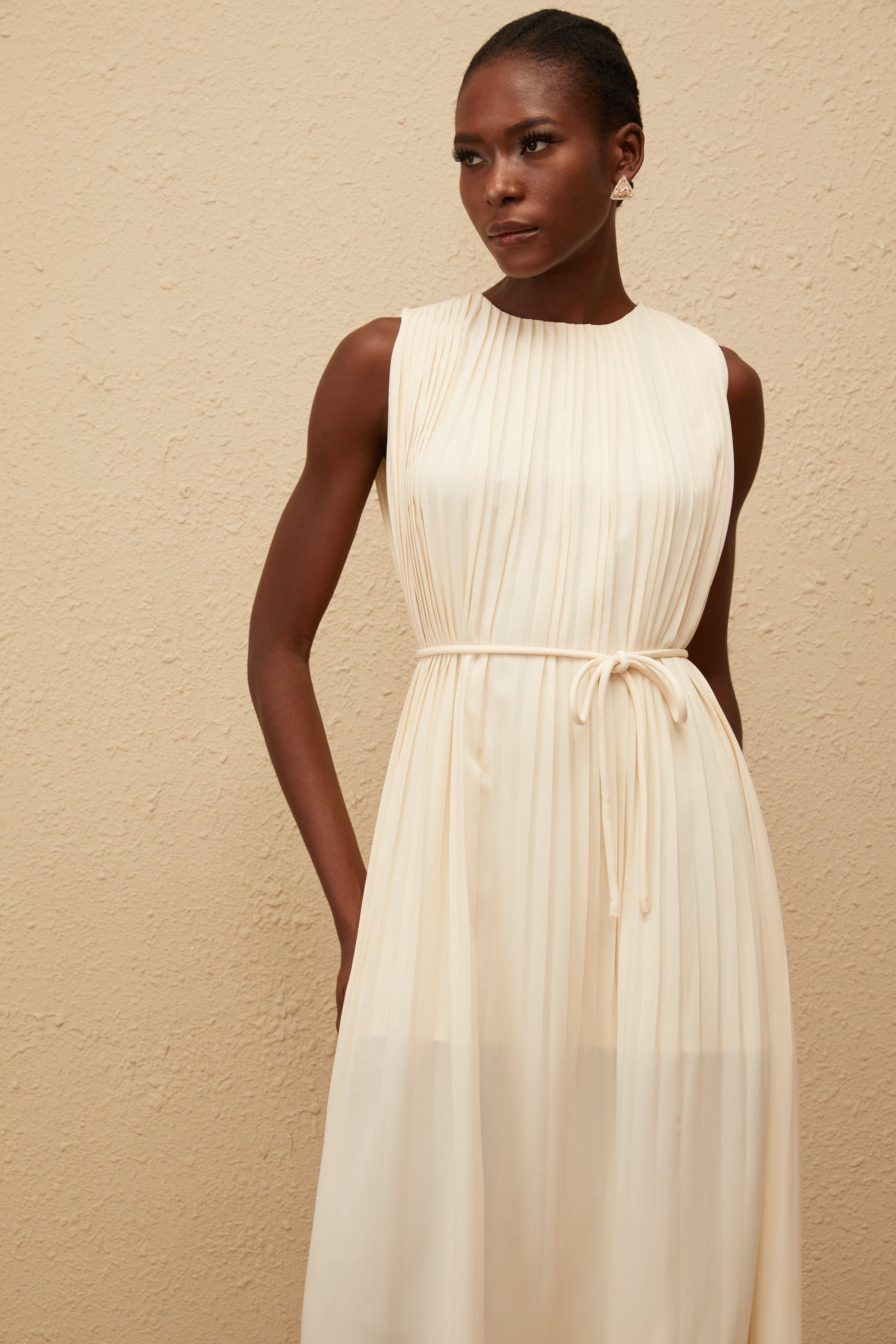 Célestine Neutral Sleeveless Pleated Midi Dress (Final Sale-US Only)