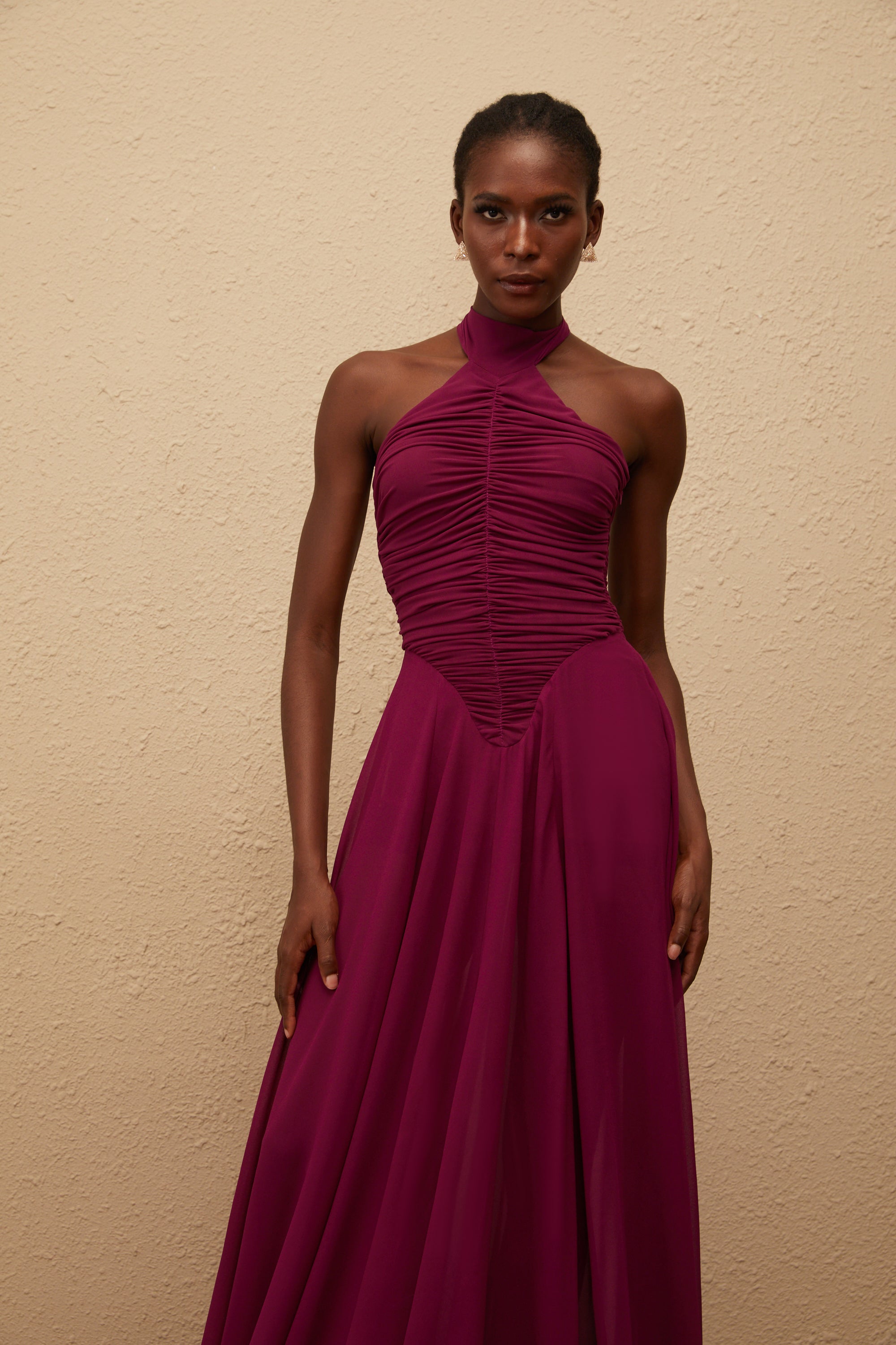Kerstin Purple Train Design Ruched Maxi Dress (Final Sale-US Only)