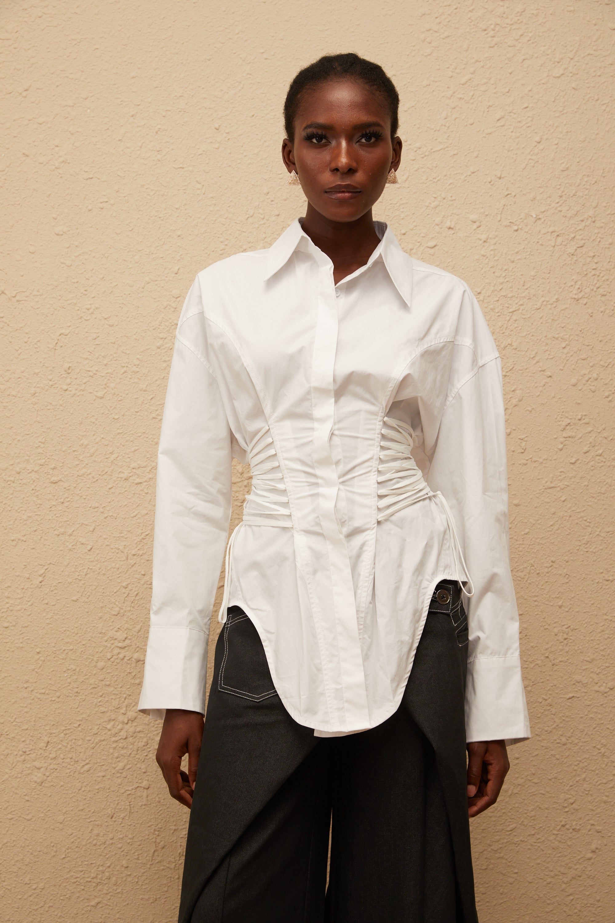 Bérénice White Curved Lace Up Shirt (Final Sale-US Only)