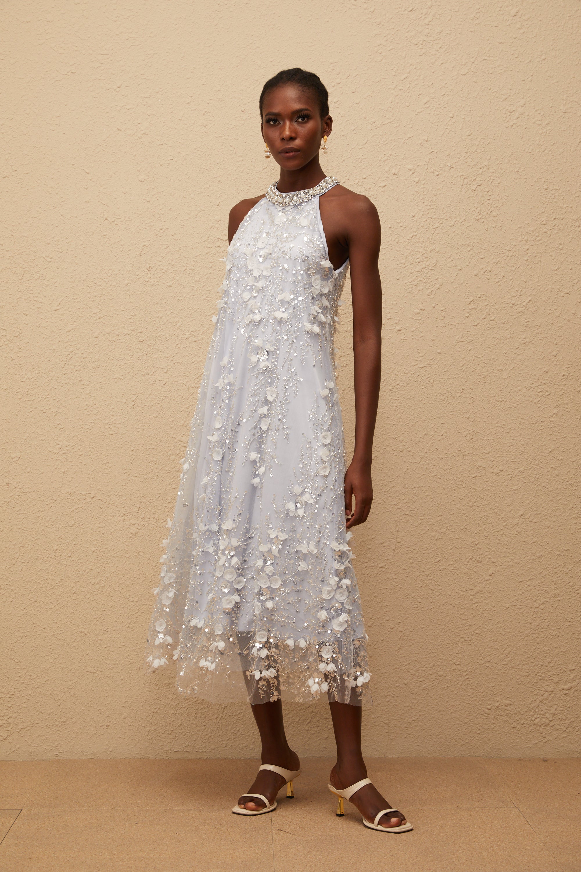 Quitterie Blue Embellished Floral Tulle Midi Dress