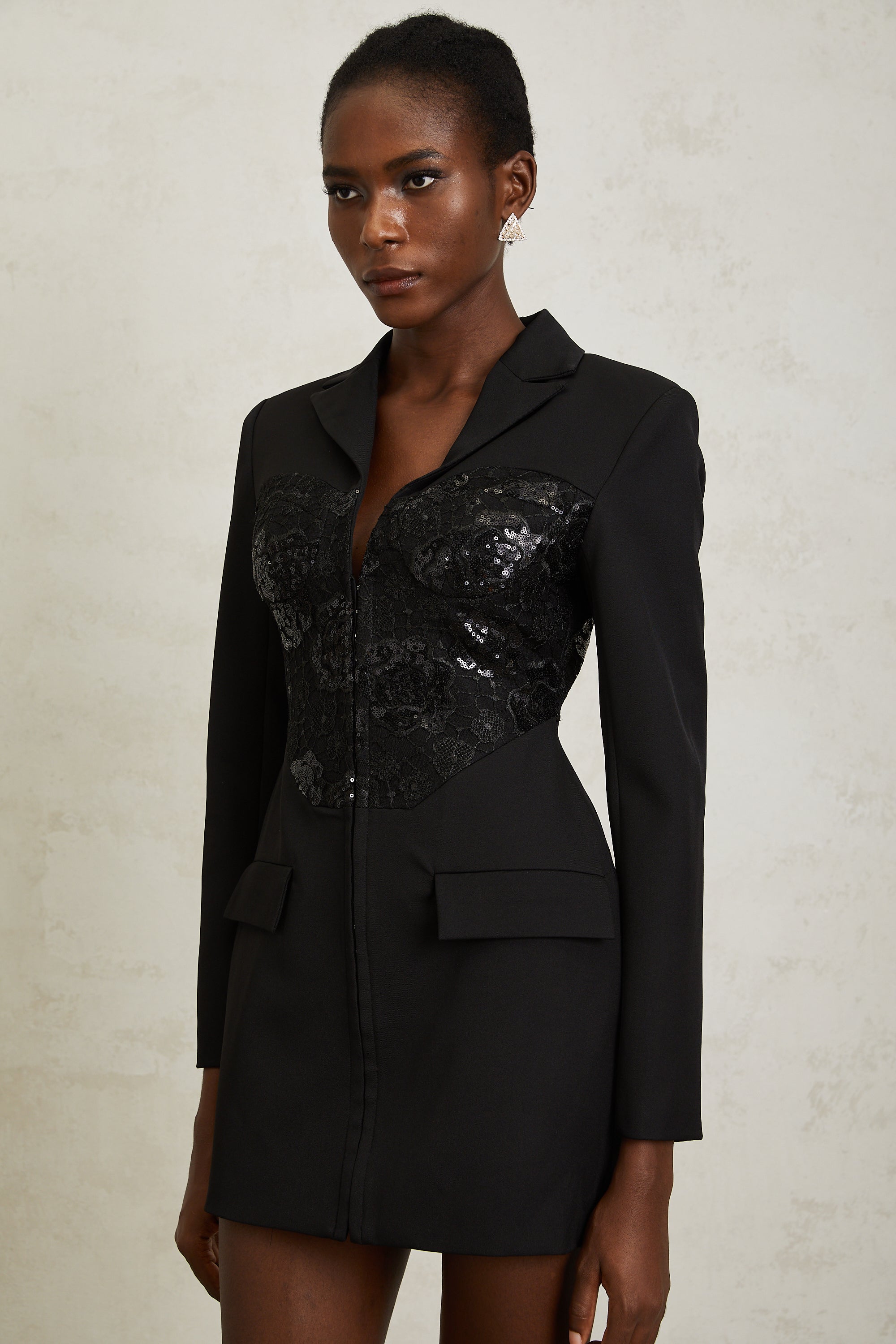 Jacinta Black Lace Panel Mini Blazer Dress (Final Sale)