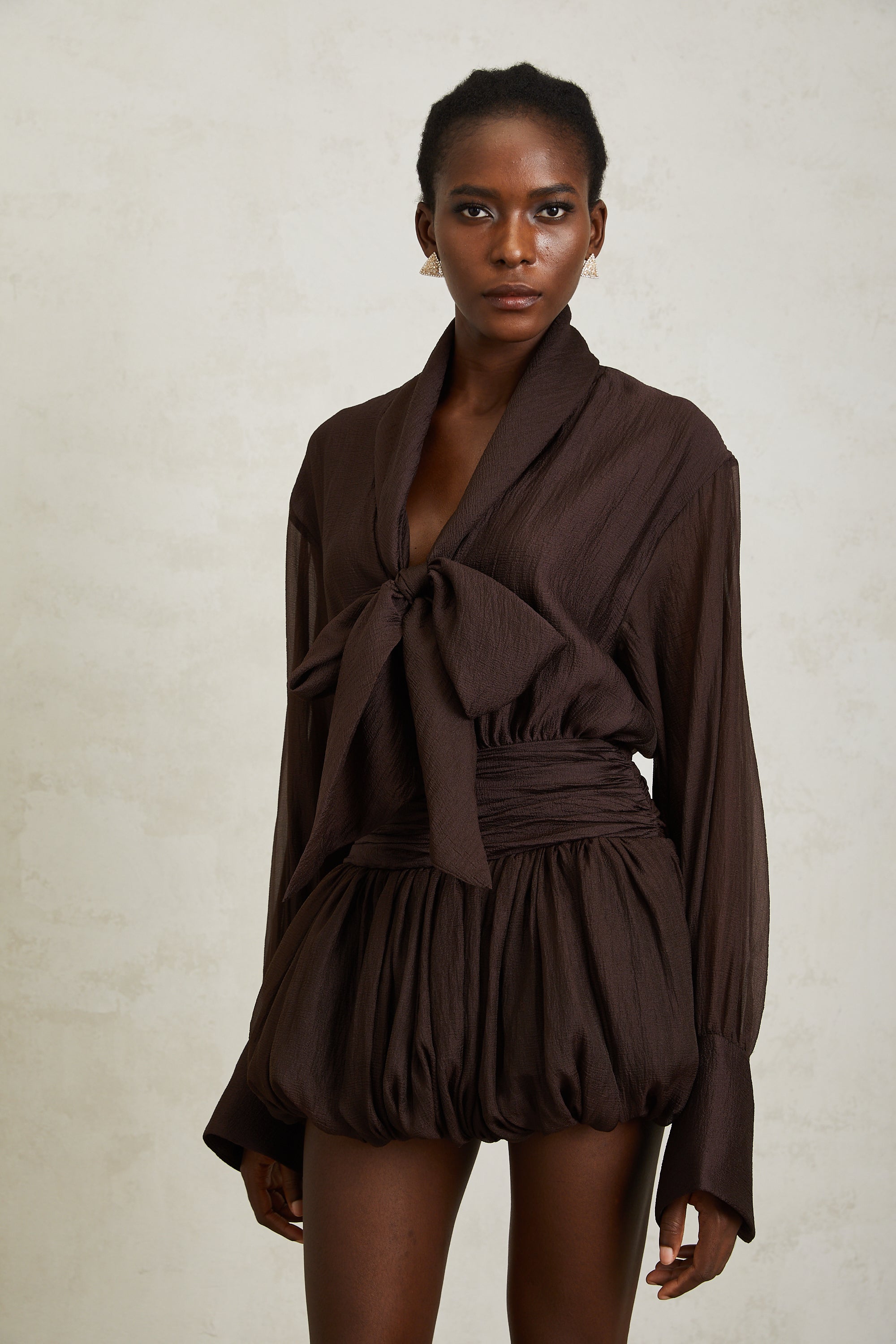 Isabella Brown Ribbon Tie Neck Mini Dress (Final Sale-US Only)