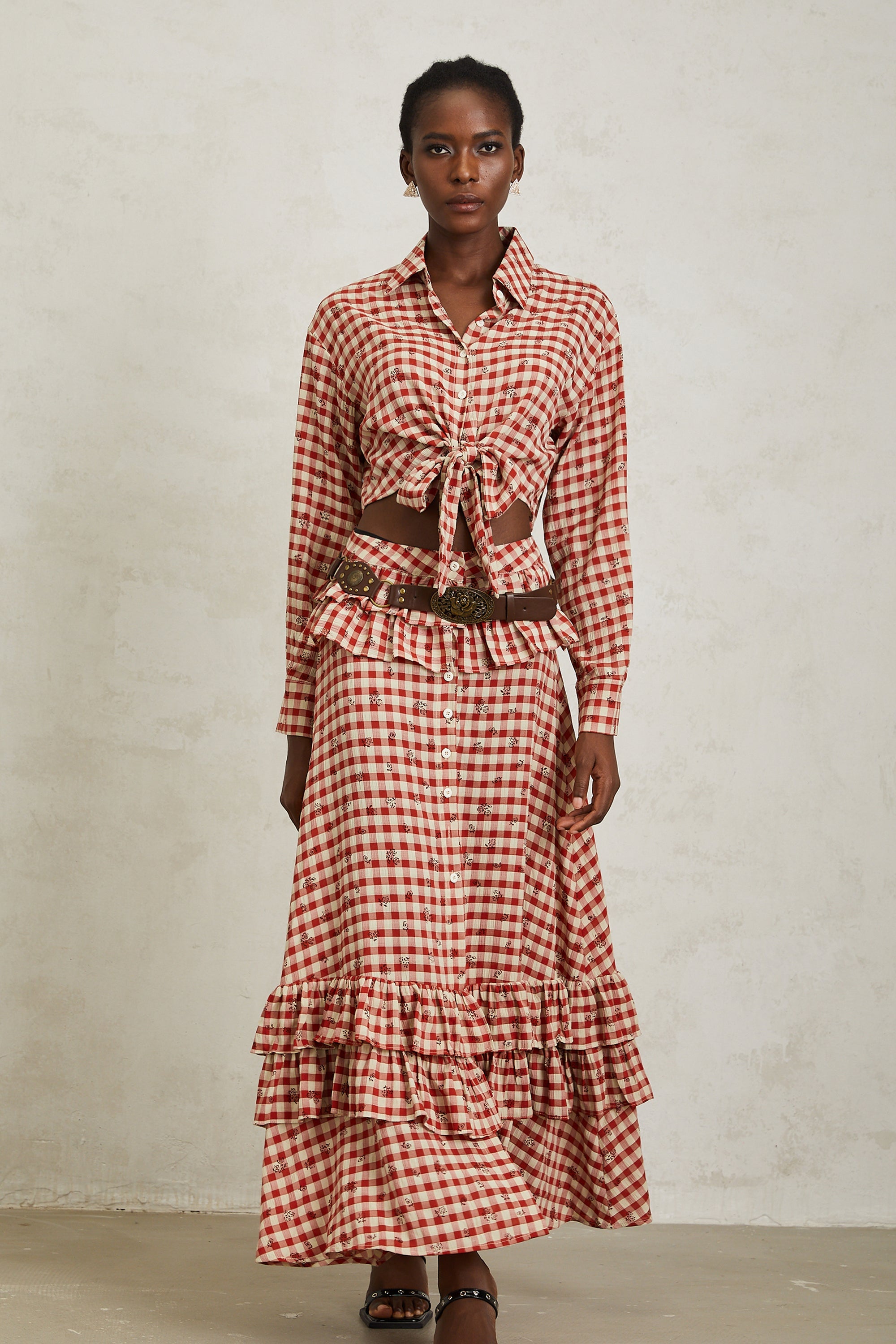 Céline Red Rose Print Plaid Shirt & Skirt Set (Without Belt)