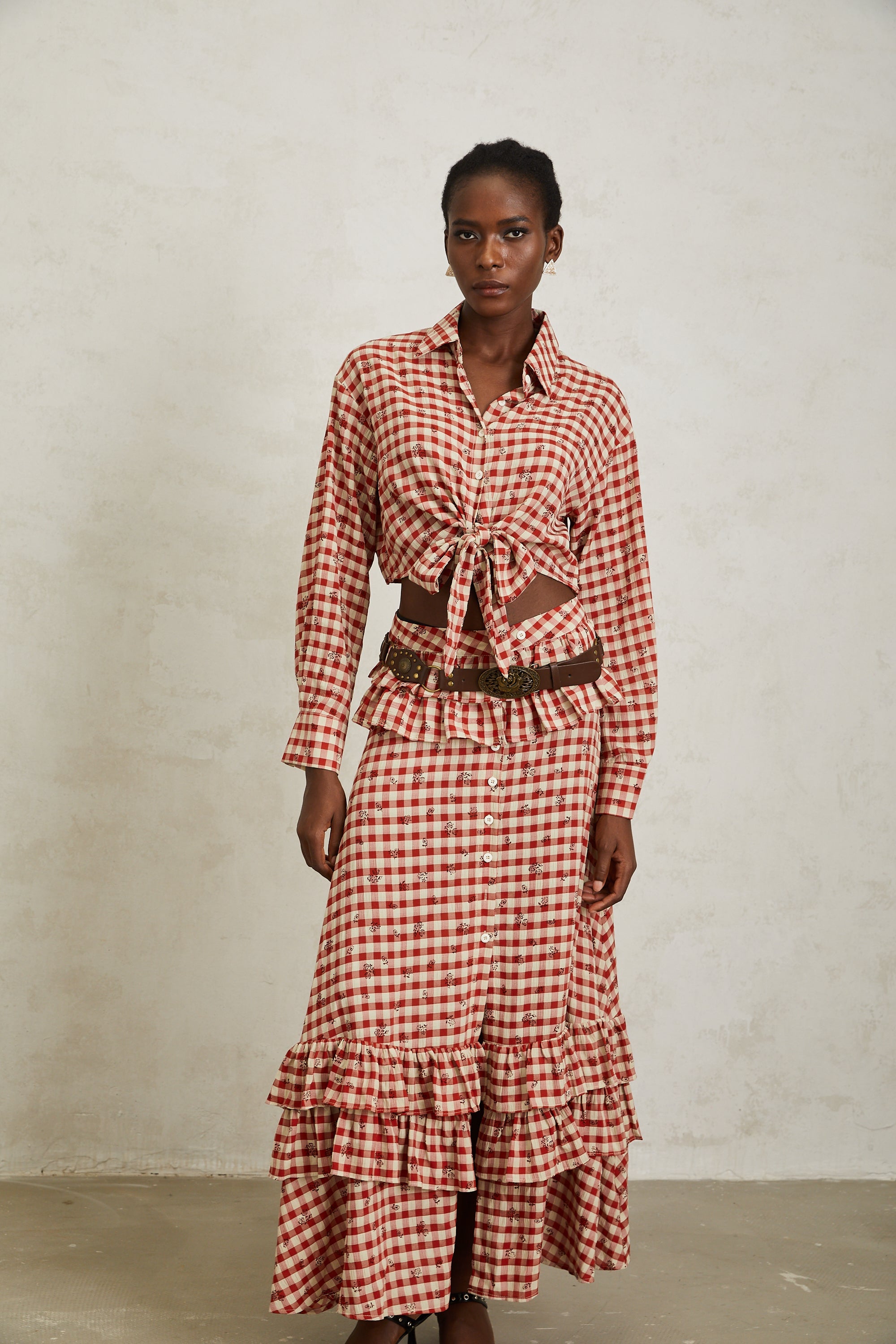 Céline Red Rose Print Plaid Shirt & Skirt Set (Without Belt)