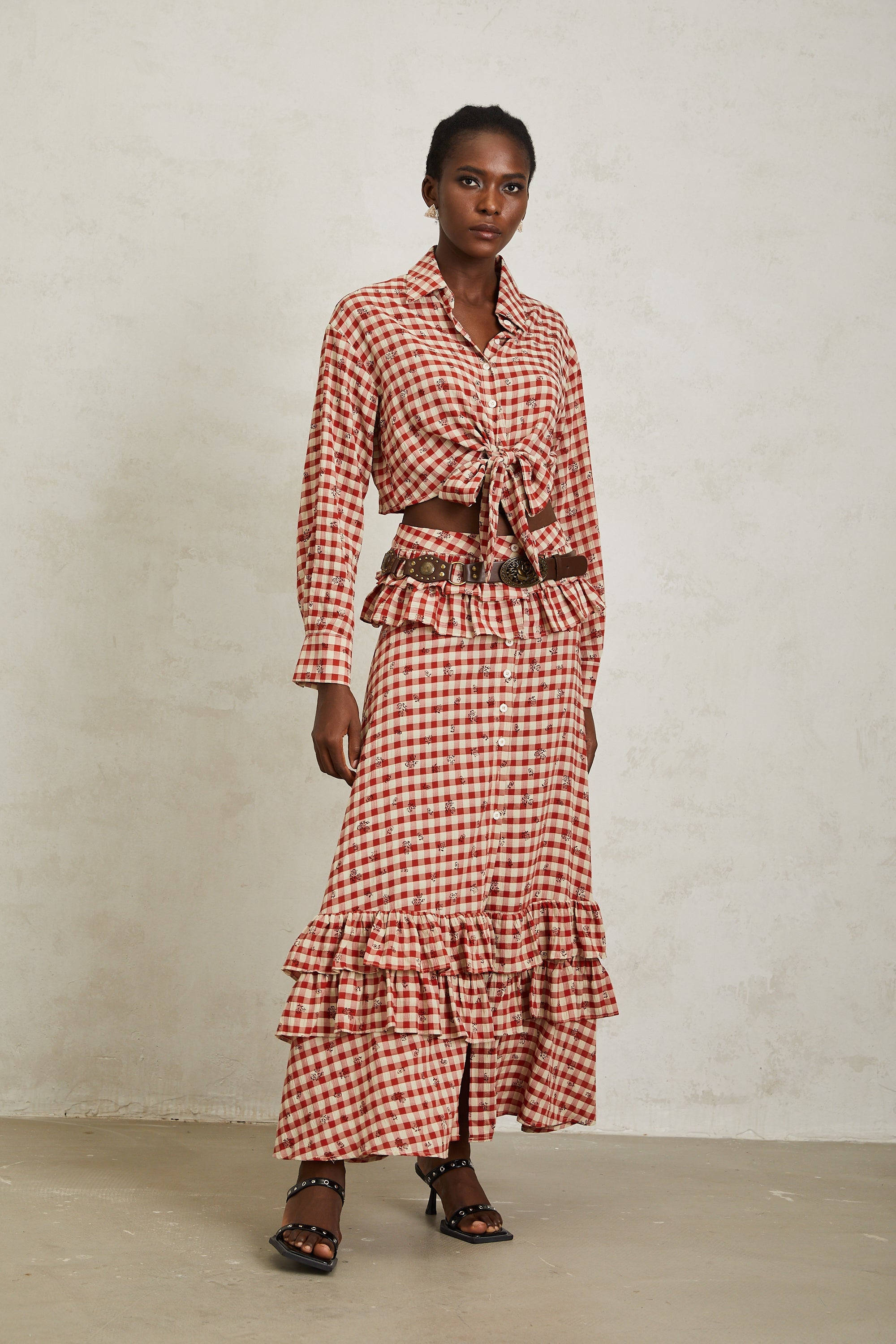 Céline Red Rose Print Plaid Shirt & Skirt Set (Without Belt)