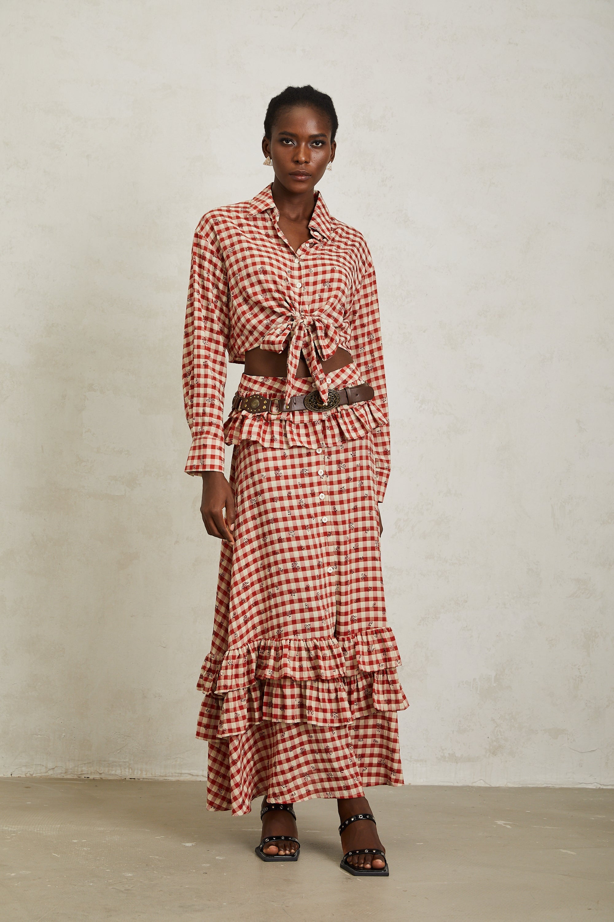 Céline Red Rose Print Plaid Shirt & Skirt Set (Without Belt)