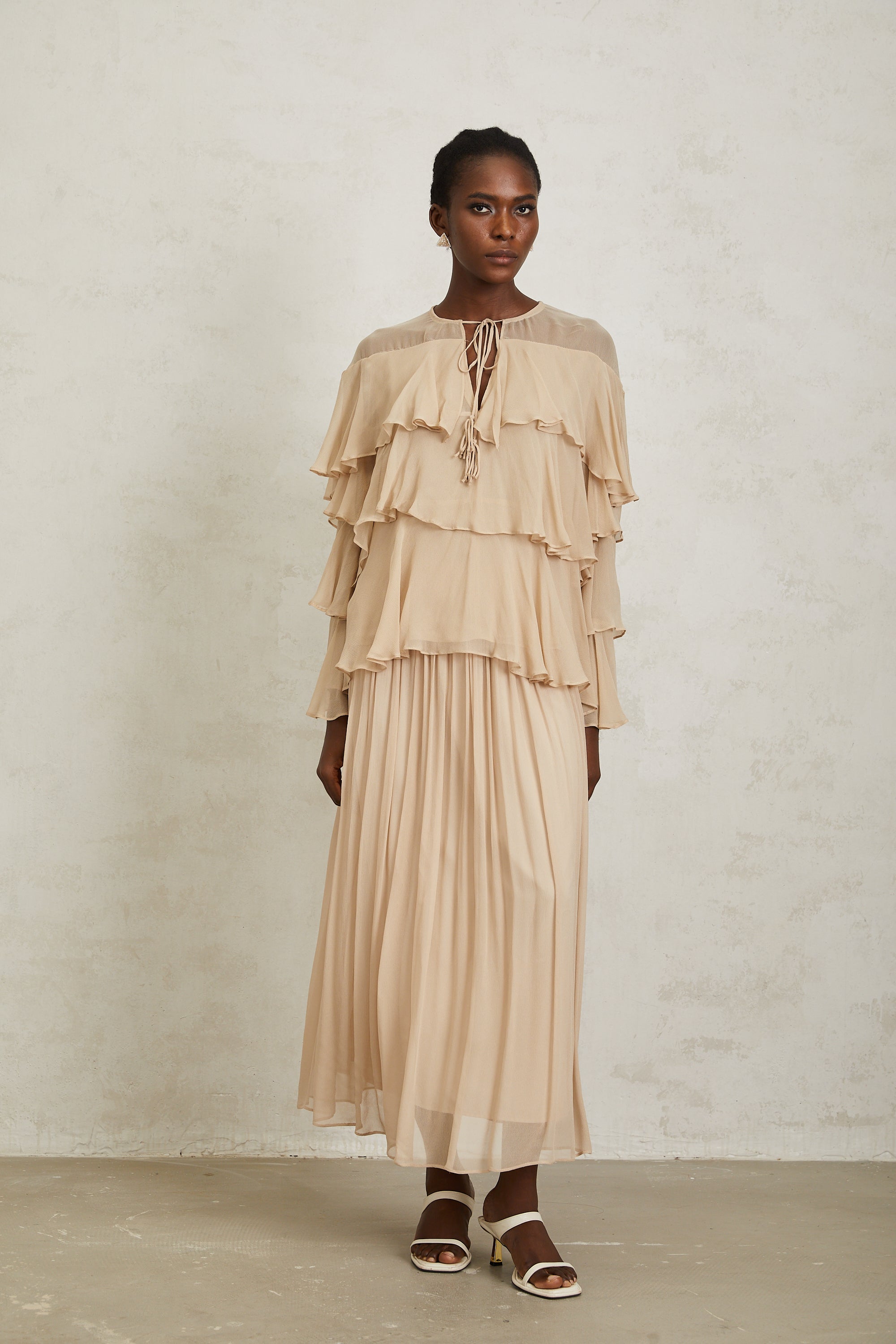 Brigitte Neutral Layered Chiffon Blouse & Skirt Set (Final Sale)