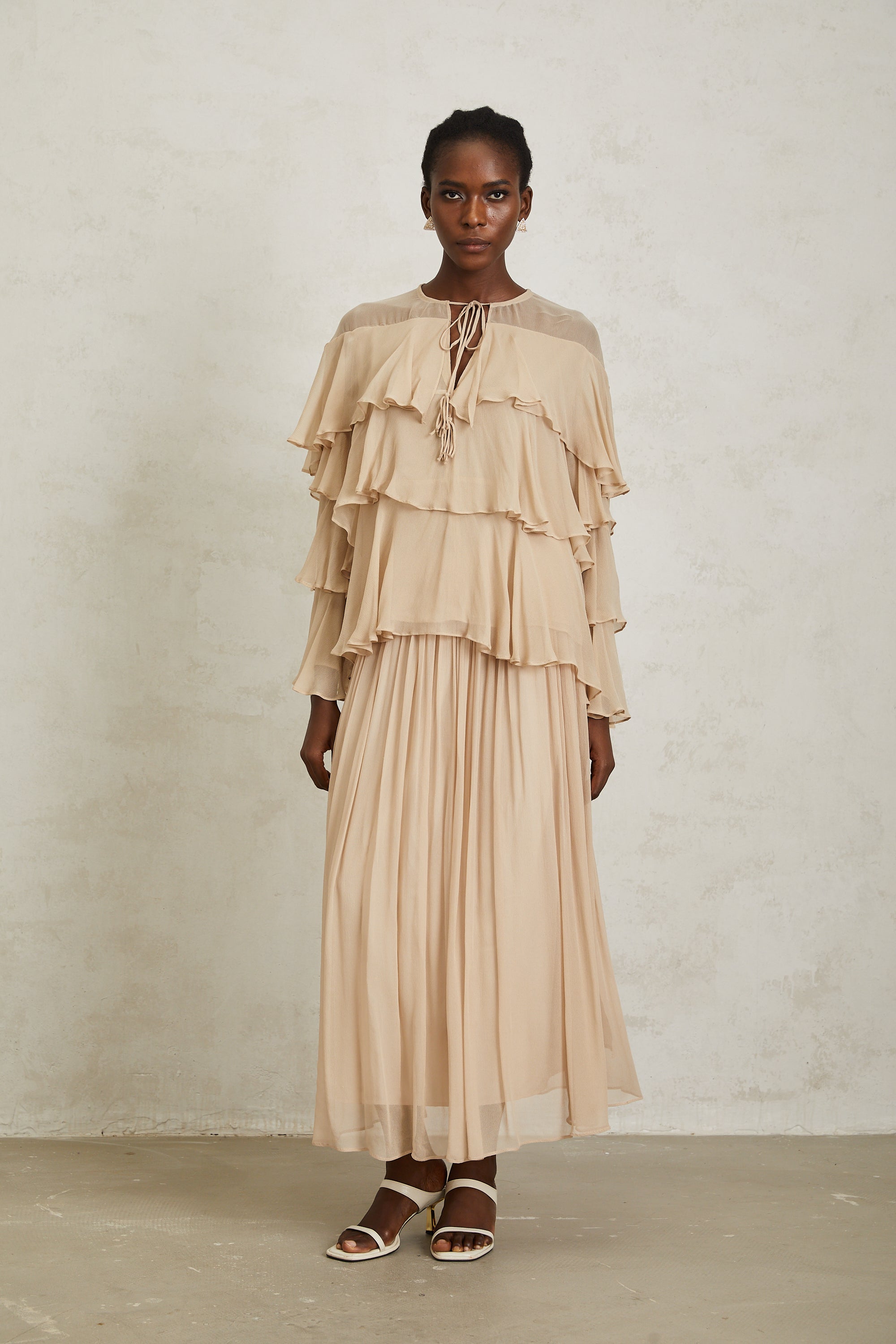 Brigitte Neutral Layered Chiffon Blouse & Skirt Set (Final Sale)