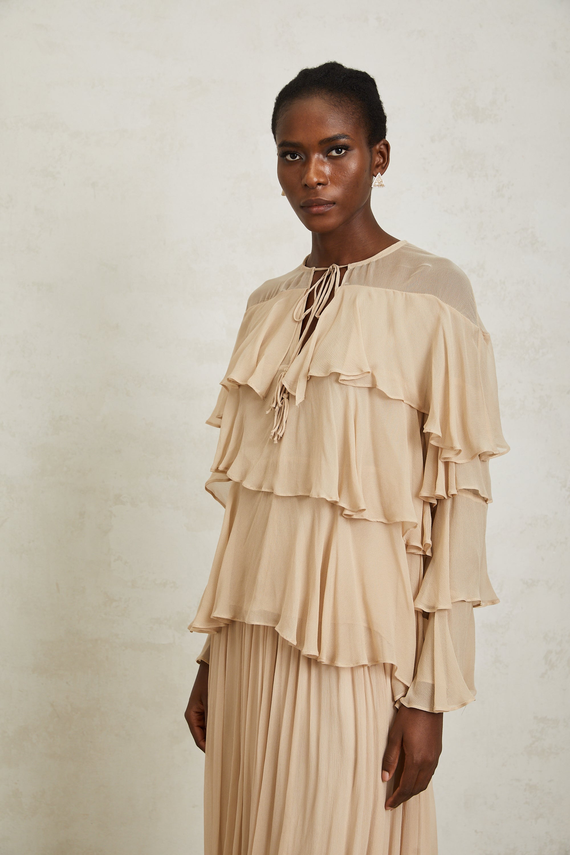 Brigitte Neutral Layered Chiffon Blouse & Skirt Set (Final Sale)