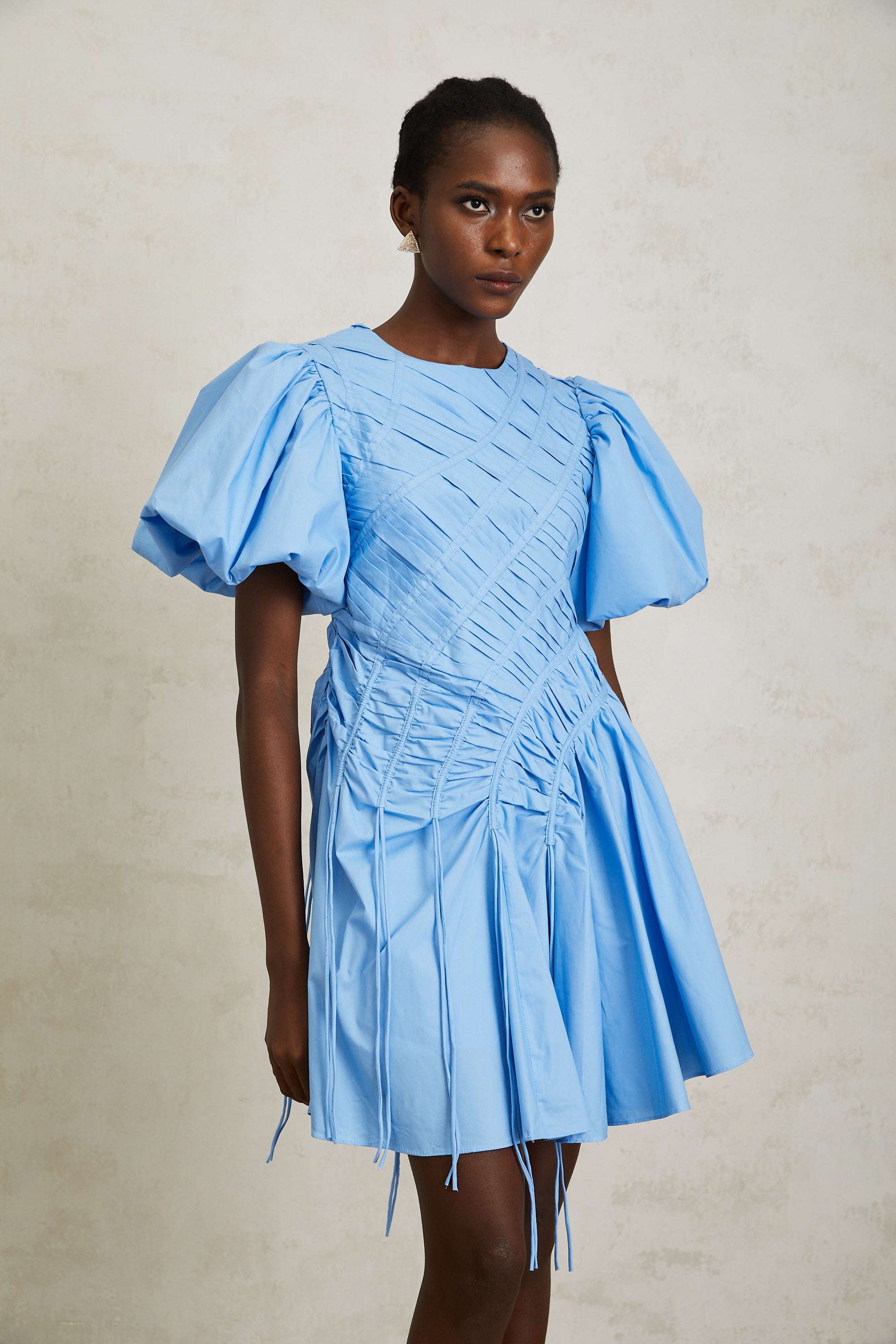 Amaryllis Blue Ruched Drawstring Hem Mini Dress