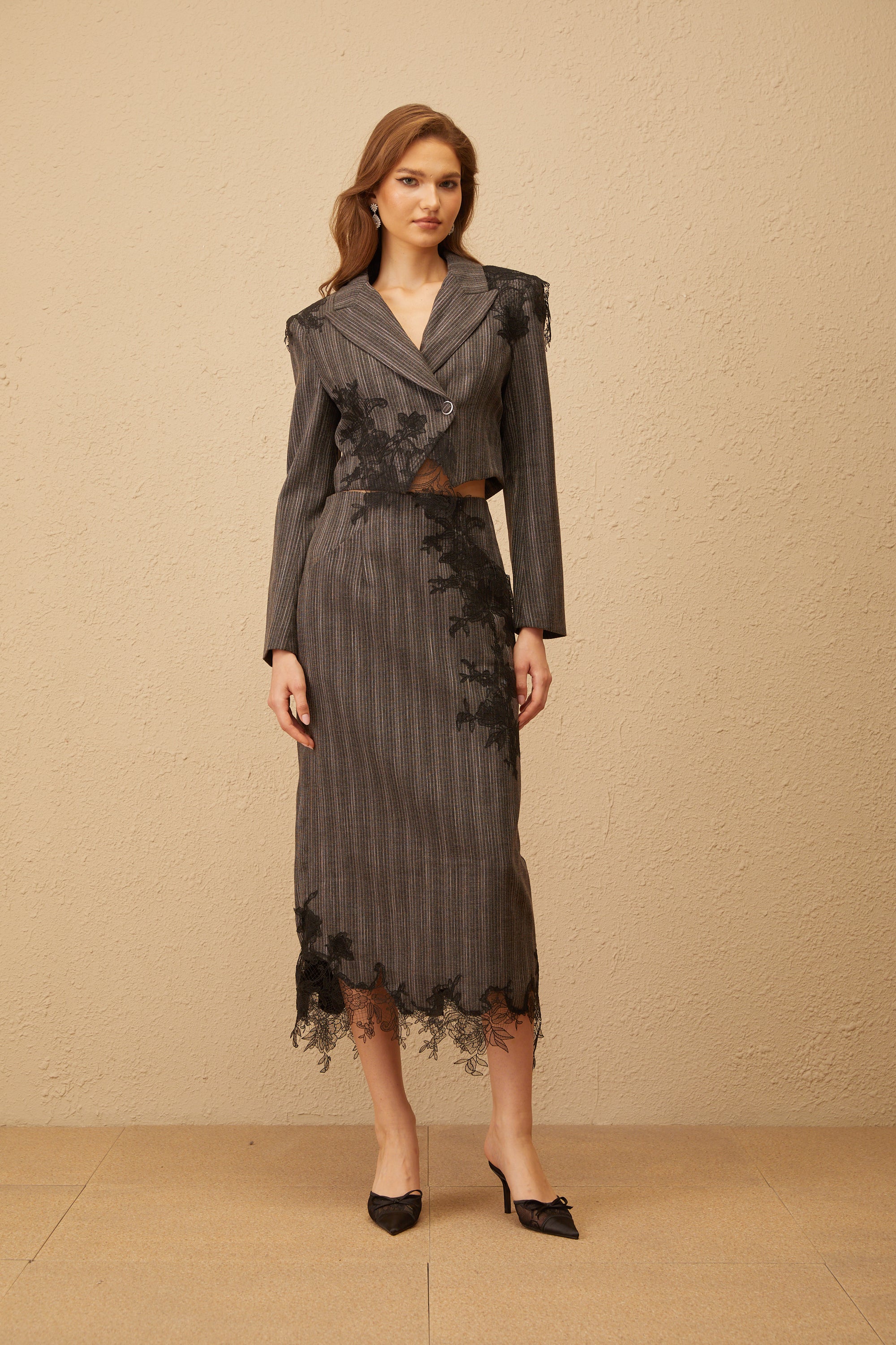 Sidonie Grey Floral Appliqué Striped Blazer & Skirt Set (Final Sale)