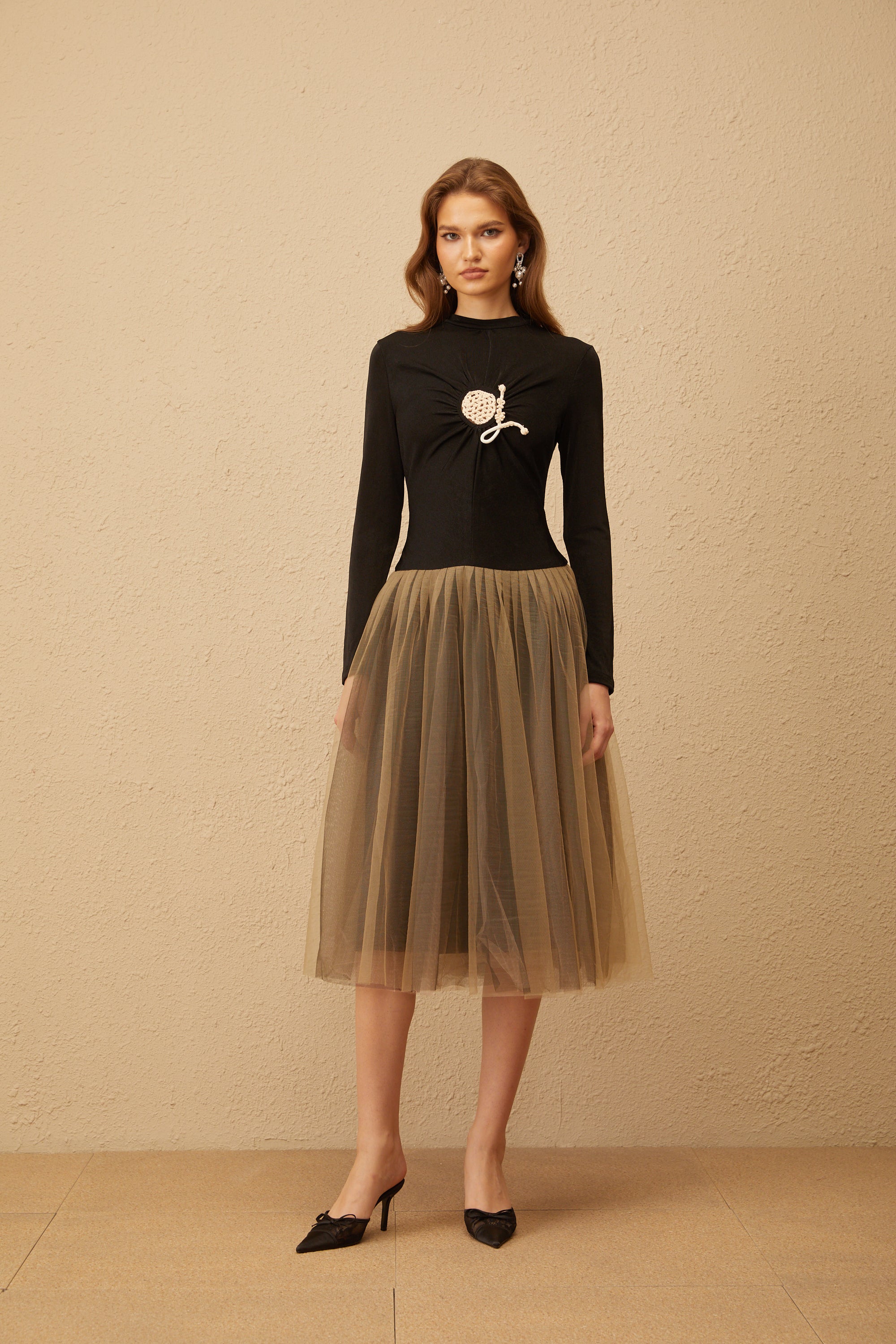 Cézanne Black Crochet Detail Tulle Panel Midi Dress (Final Sale)