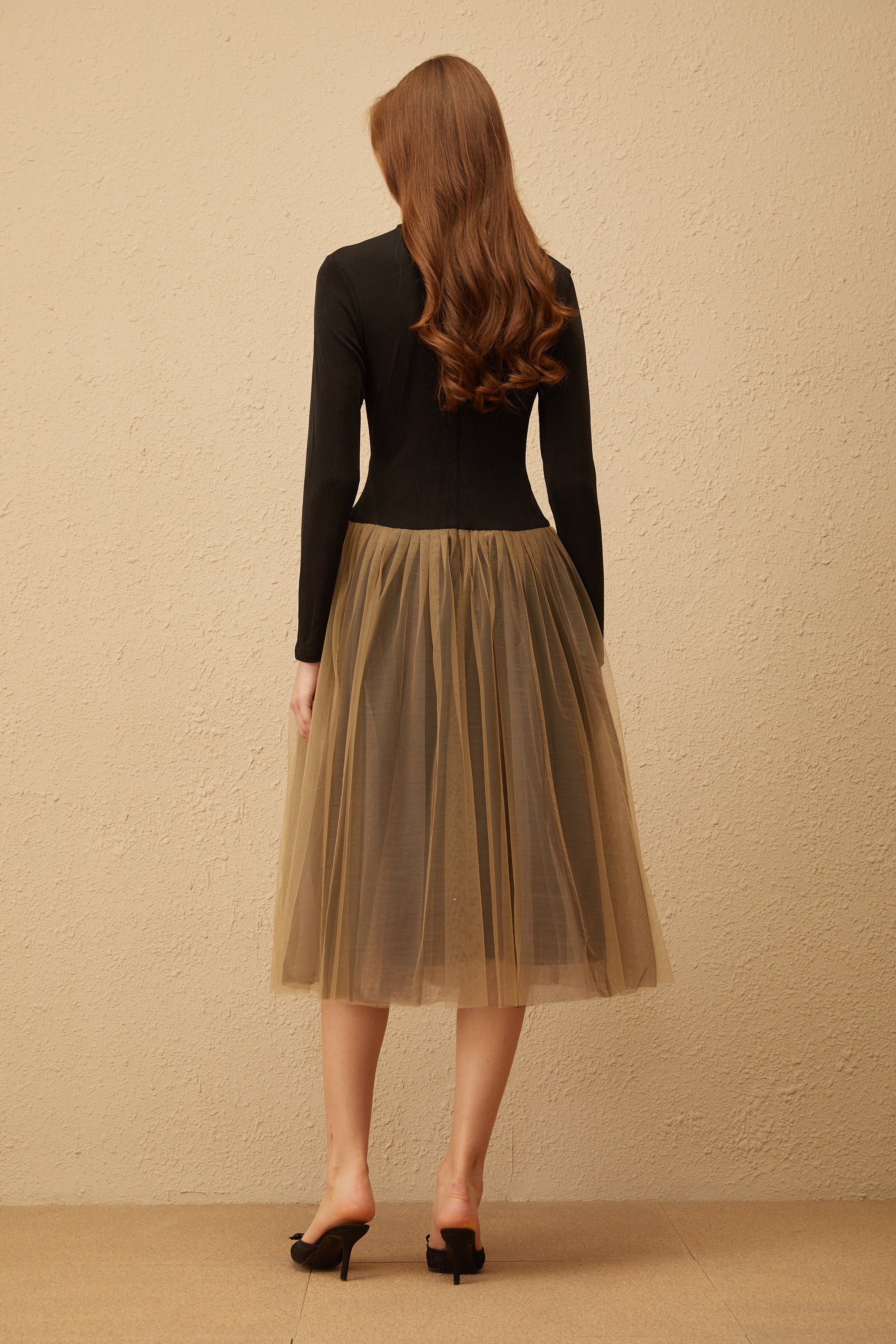 Cézanne Black Crochet Detail Tulle Panel Midi Dress (Final Sale)