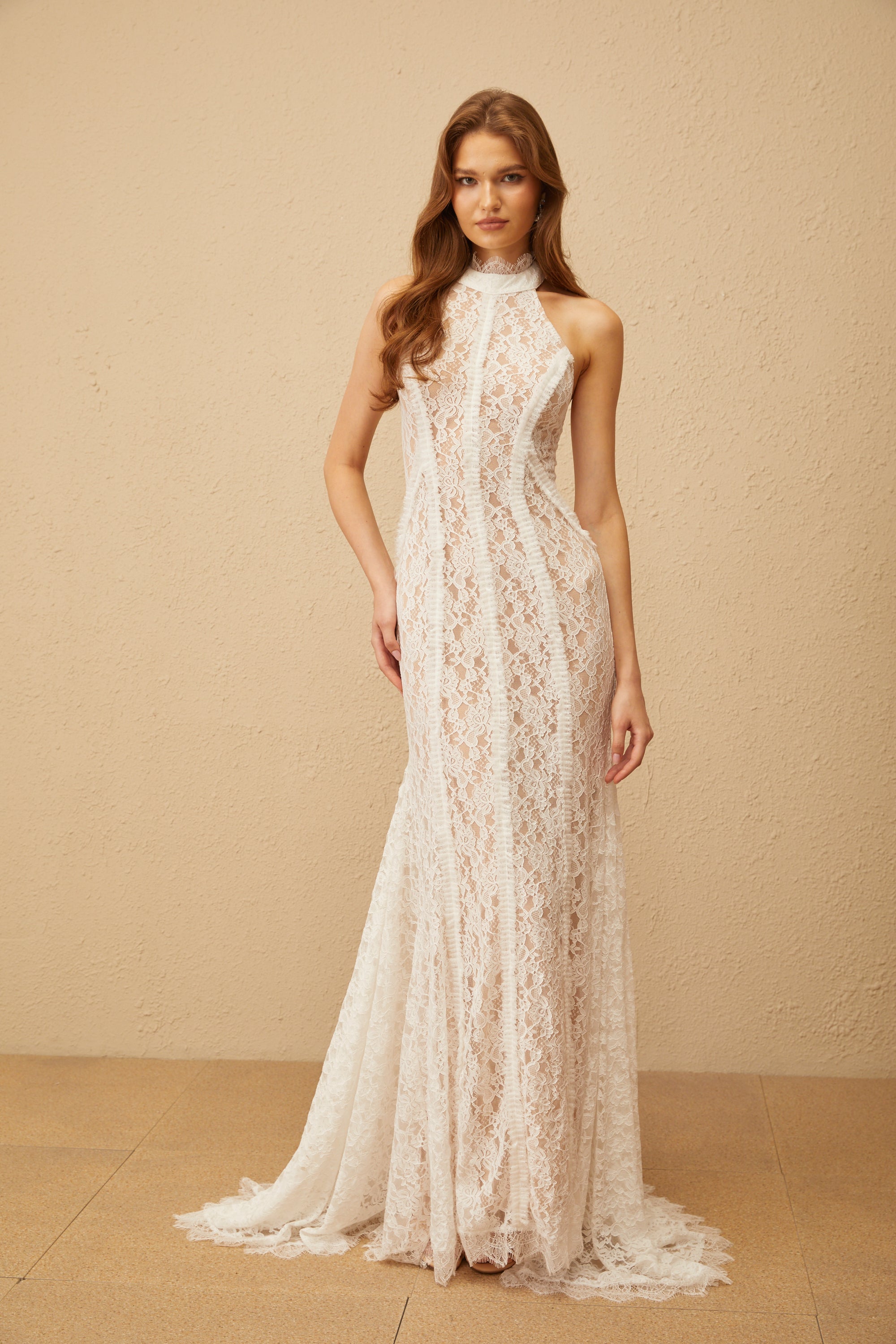 Gaëlle White Train Design Lace Maxi Dress (Final Sale)